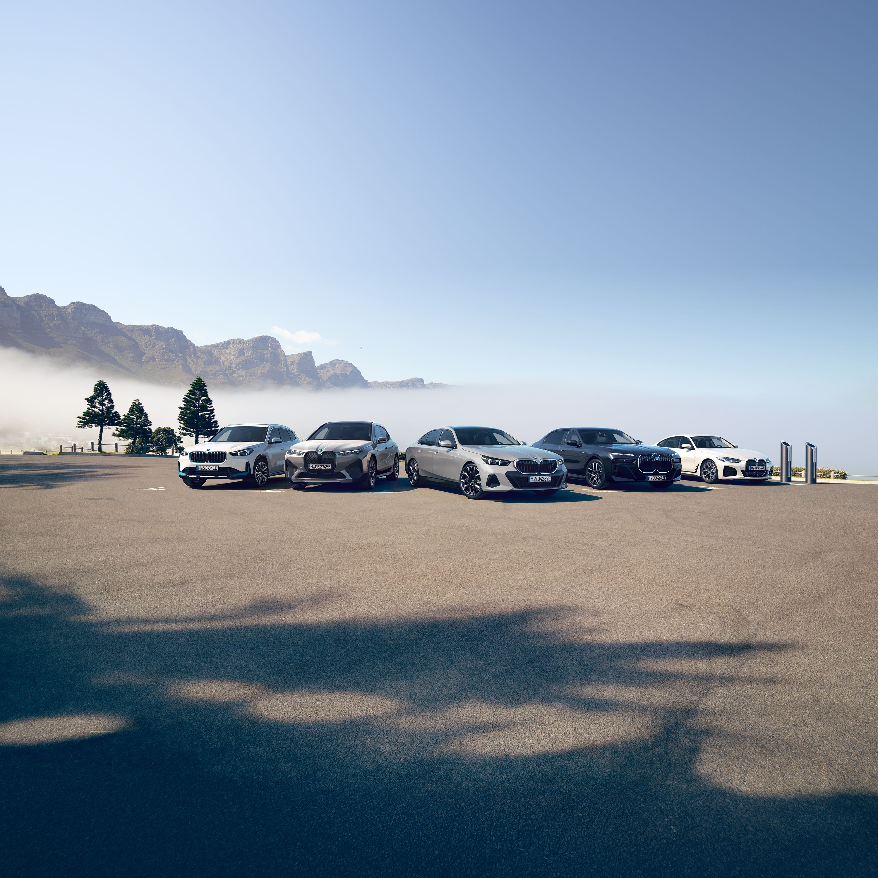 BMW I Series vehicles group shot, featuring i-Series SUVs, coupés and sedans