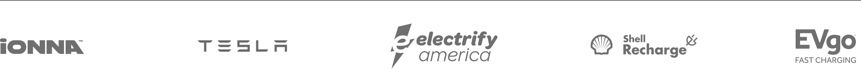 The logos of IONNA, Tesla, Electrify America, Shell Recharge, and EVgo