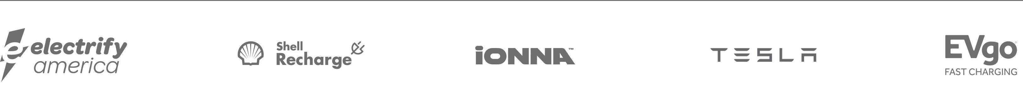 Electrify America, Shell Recharge, IONNA, Tesla, and Evgo logos.