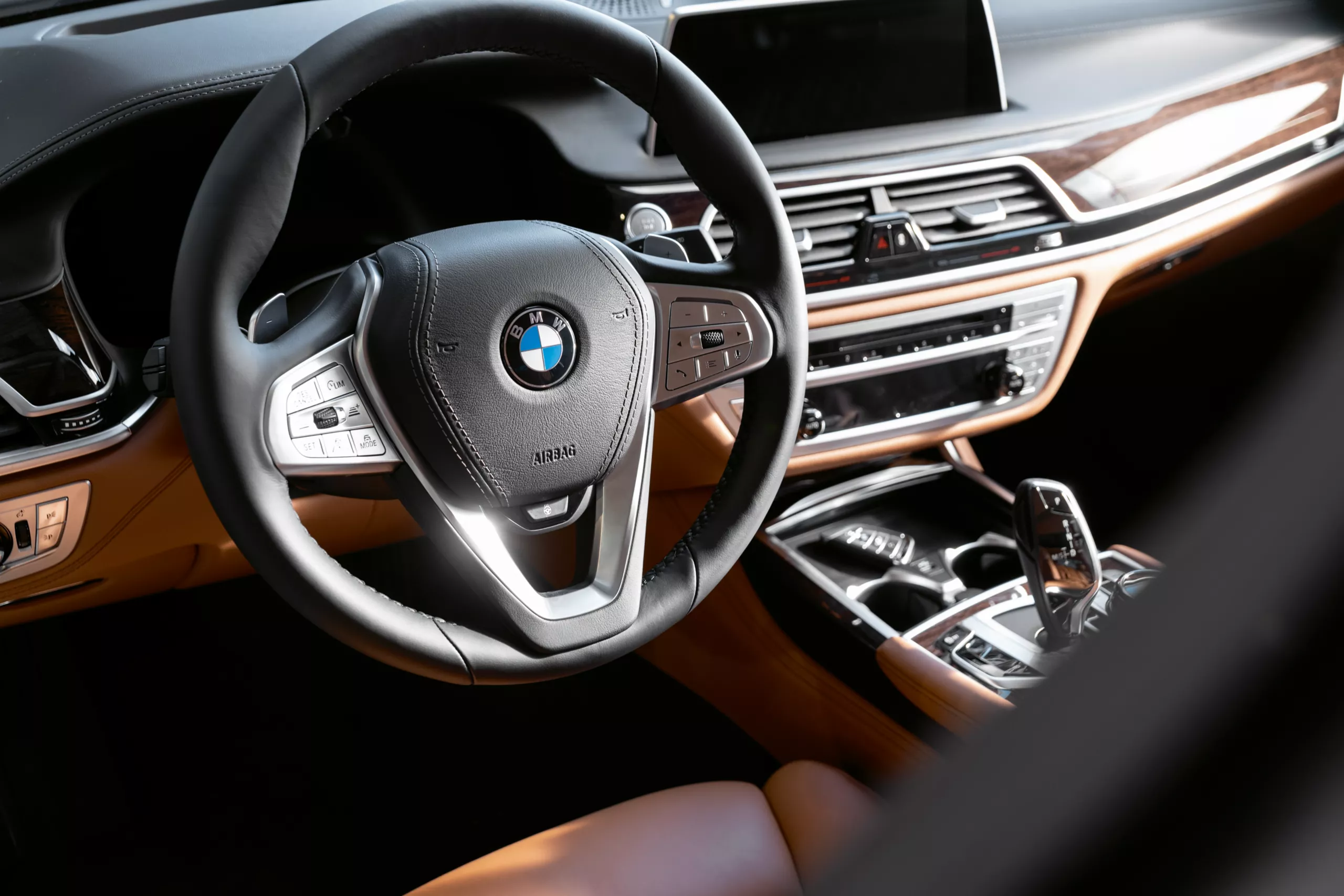 BMW luxury car steering wheel interior closeup