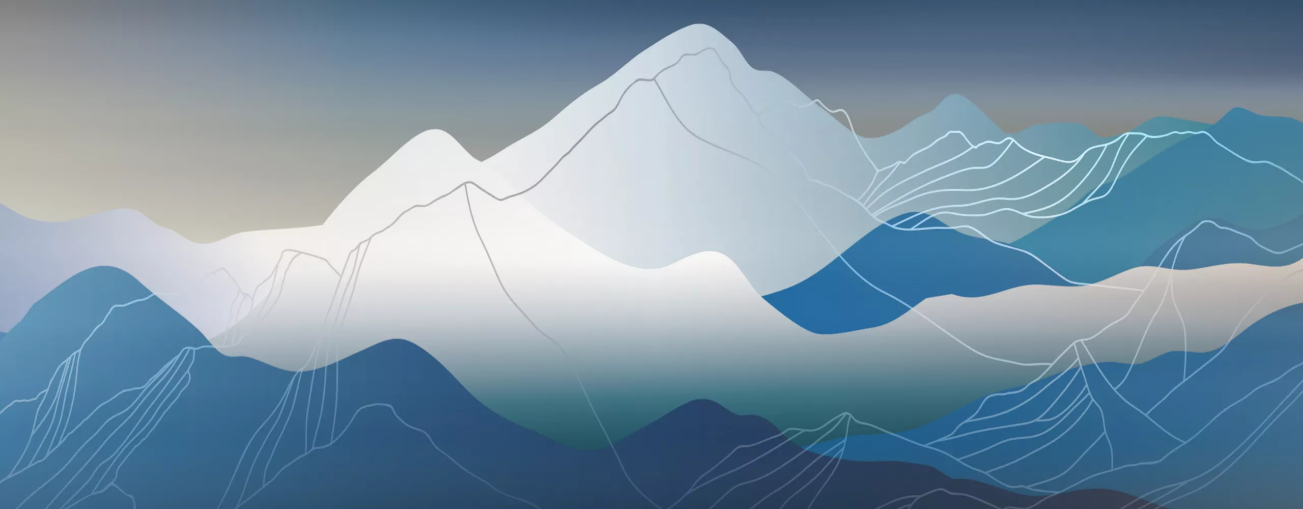 Stylized mountains are depicted in overlapping layers of blue and white tones. The central peak is highlighted in light colors, surrounded by darker ridges that fade into the distance. Fine contour lines trace the shapes of the hills, giving a topographic and minimalist feel. The gradient sky transitions from warm beige to deep blue, enhancing the serene and atmospheric mood.