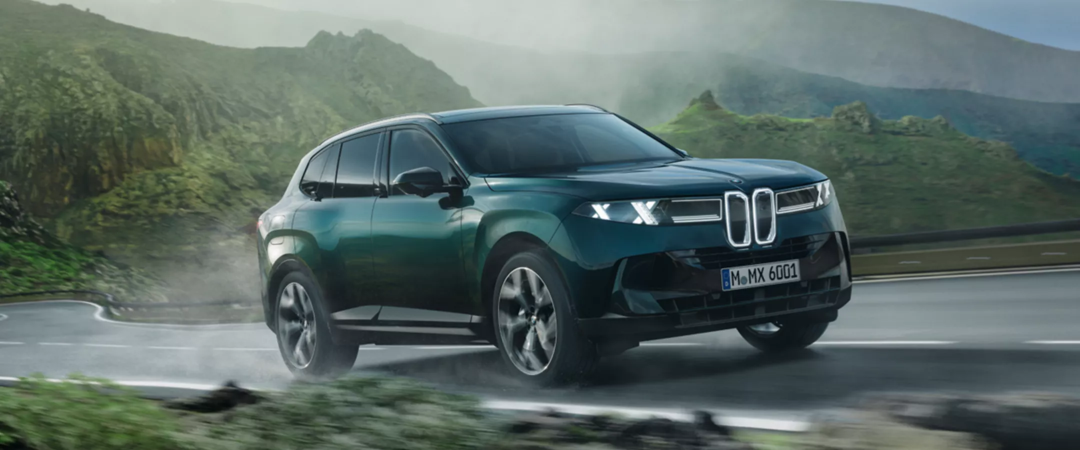 A BMW X5 parked in front of a scenic mountain landscape