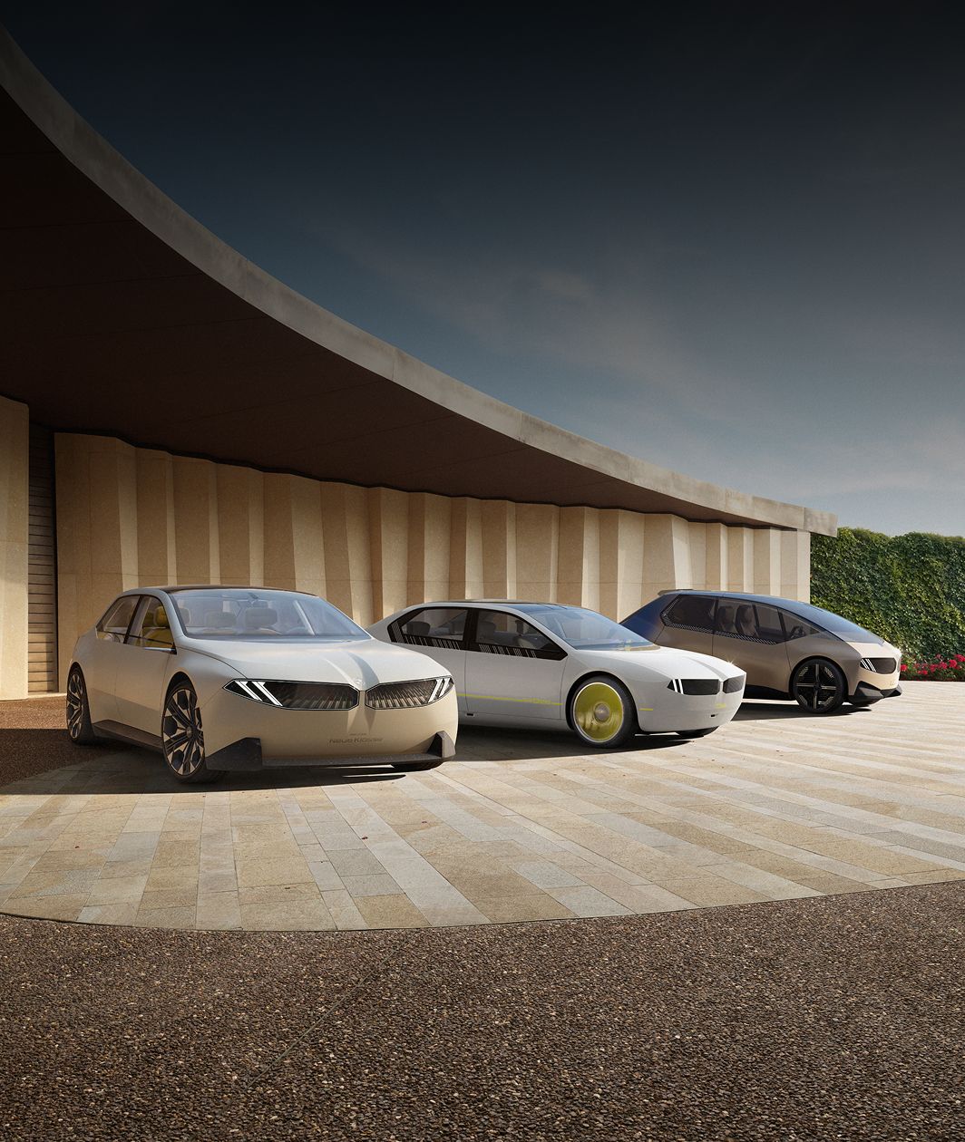 A group shot of the BMW Vision Neue Klasse, i Vision Dee, and i Vision Circular