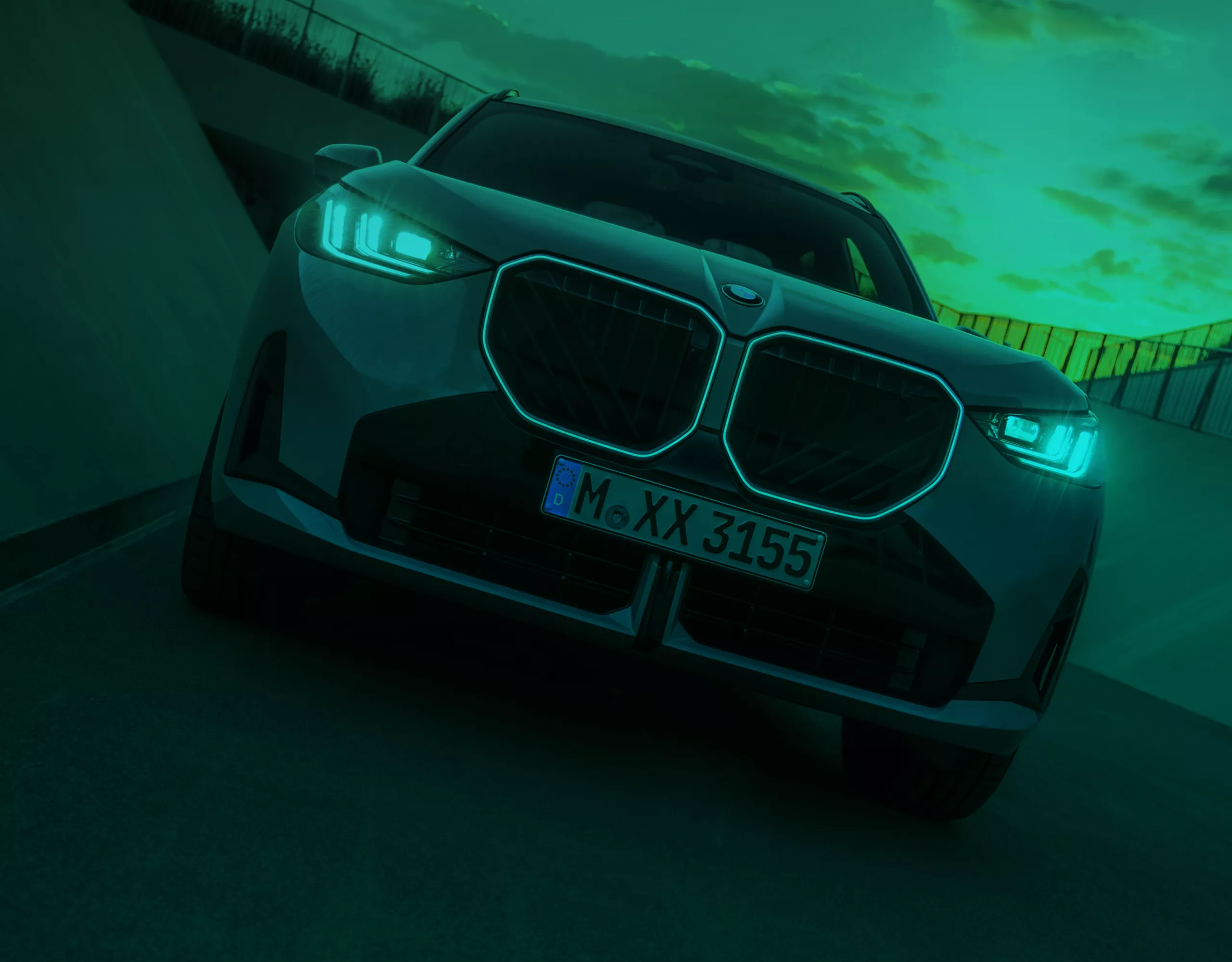 Close-up front profile of the fourth-generation 2025 BMW X3 mid-size luxury SUV. The image is captured from a dynamic low angle under a dramatic, moody green color overlay. The vehicle highlights modern design features, including sleek teal-tinted LED headlights and a sharp teal contour tracing the signature BMW kidney Iconic Glow grille outline.