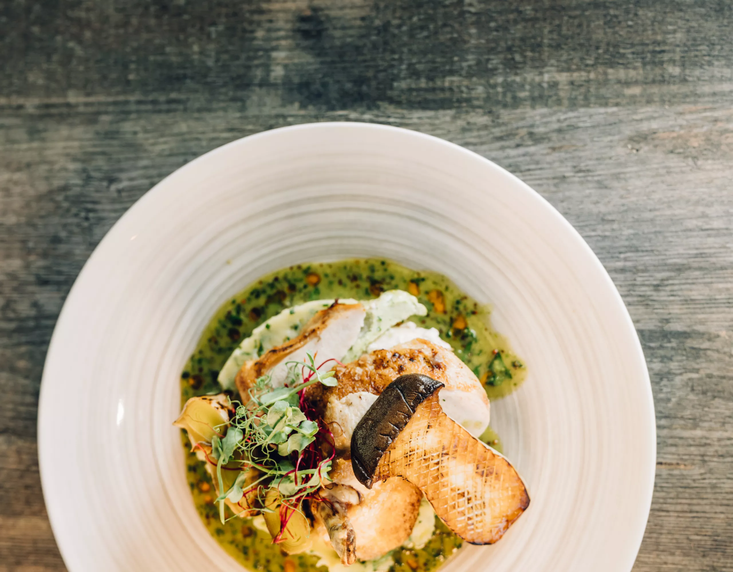 delicately prepared dish of bavarie with porcini mushrooms