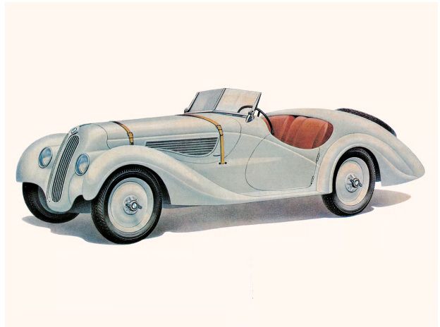 En ljusgrå tecknad BMW 328 sedd från sidan