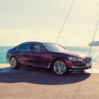 BMW Individual M760Li inspired by Nautor’s Swan with a view of the harbour