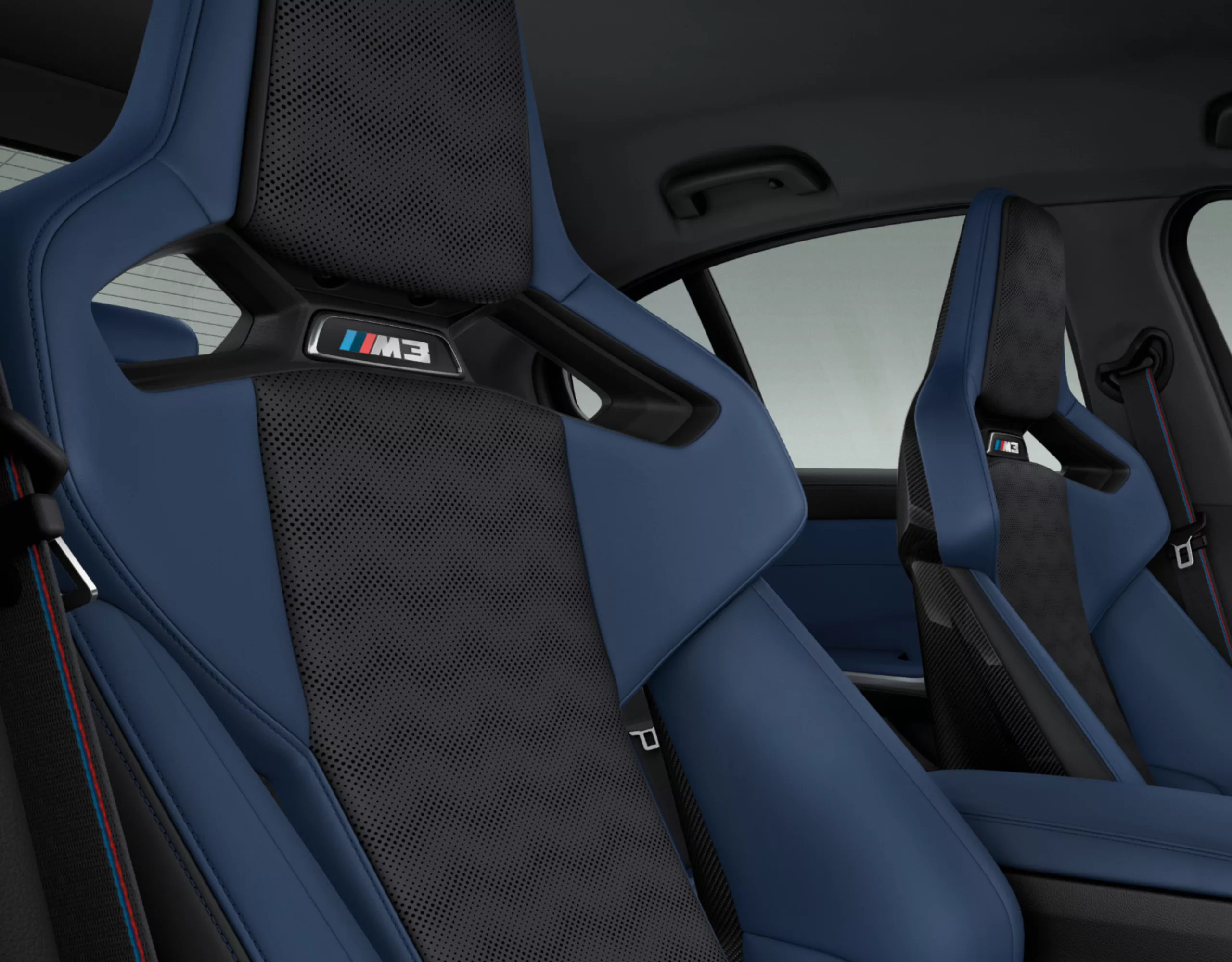 Innenraum des BMW M3 in BMW Individual Volllederausstattung ‹Merino› Feinnarbe Fjordblau/Schwarz