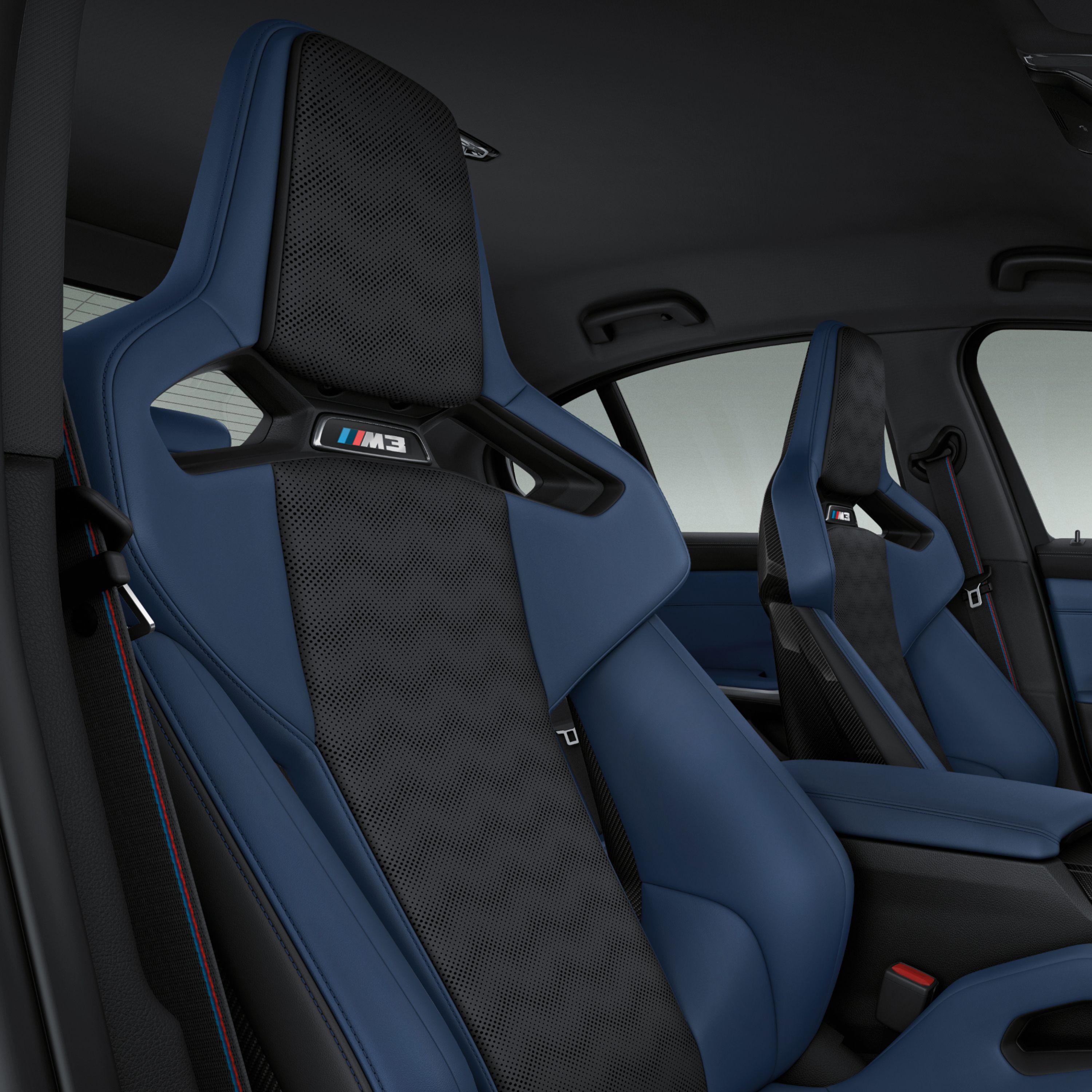 Innenraum des BMW M3 in BMW Individual Volllederausstattung 'Merino' Feinnarbe Fjordblau/Schwarz