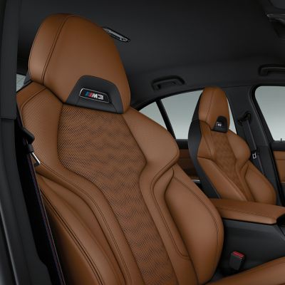 Interior of a BMW M3 in BMW Individual fine-grain ‘Merino’ full leather in Tartufo