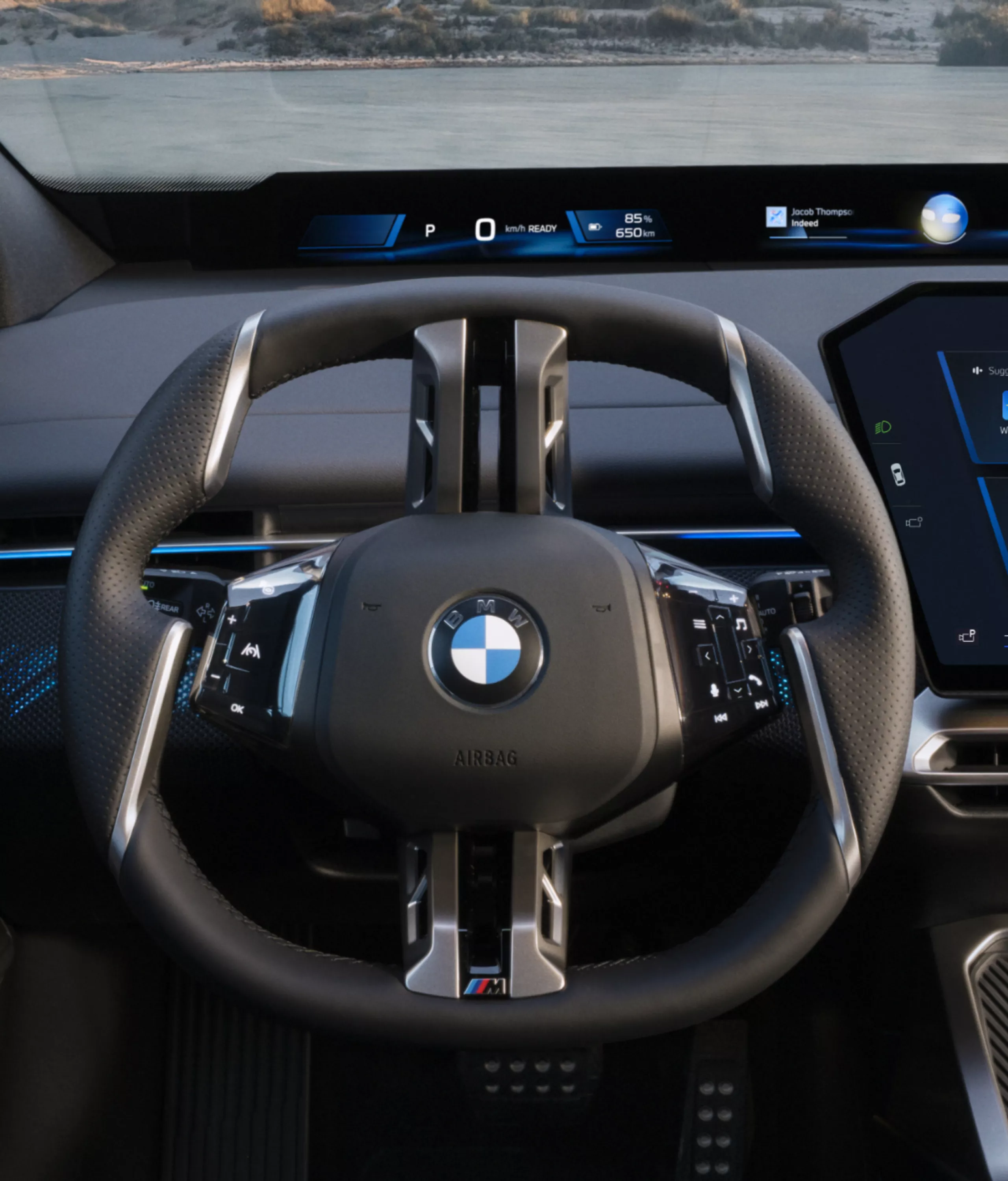 BMW multifunction steering wheel in the BMW iX4 50 xDrive cockpit.
