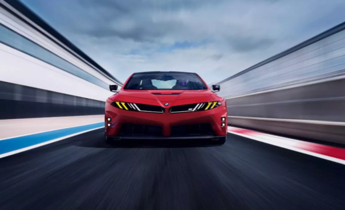 Front-view action shot of the innovative bold red BMW M Concept Neue Klasse electric supercar tearing up the tarmac. The vehicle showcases the future design language and electric powertrain set to redefine the luxury electric vehicle market across Australia.
