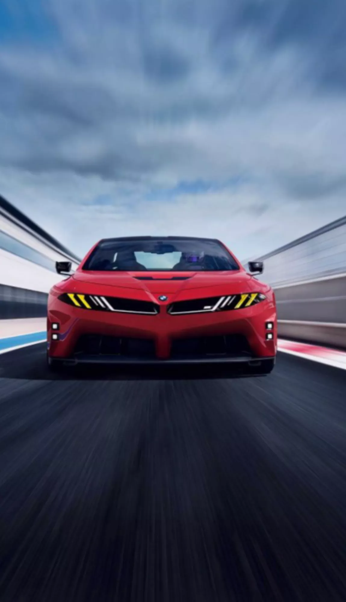 Front-view action shot of the innovative bold red BMW M Concept Neue Klasse electric supercar tearing up the tarmac. The vehicle showcases the future design language and electric powertrain set to redefine the luxury electric vehicle market across Australia.