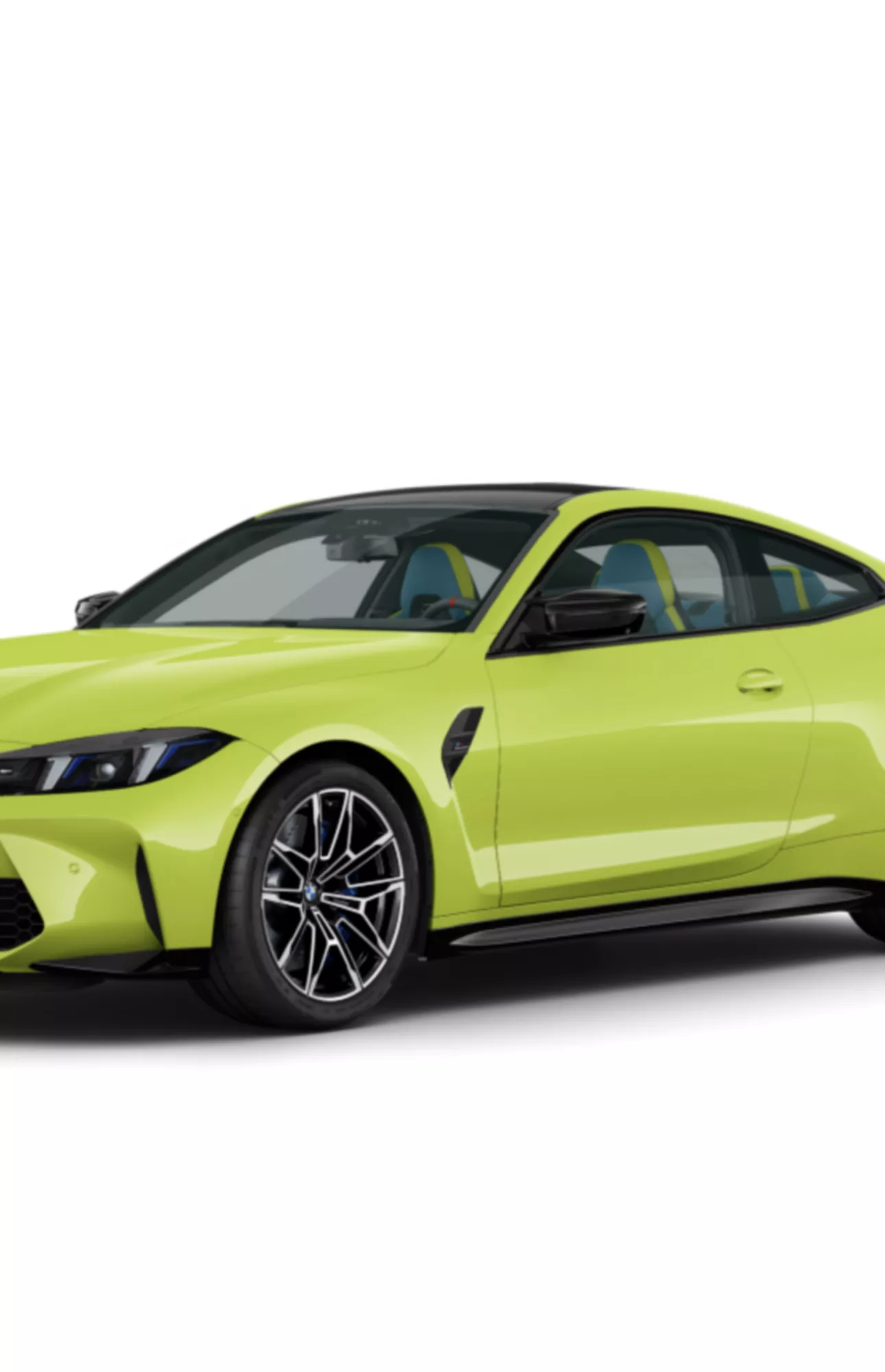 BMW M4 Competition M xDrive em ângulo frontal-lateral, destacando design esportivo e detalhes de performance