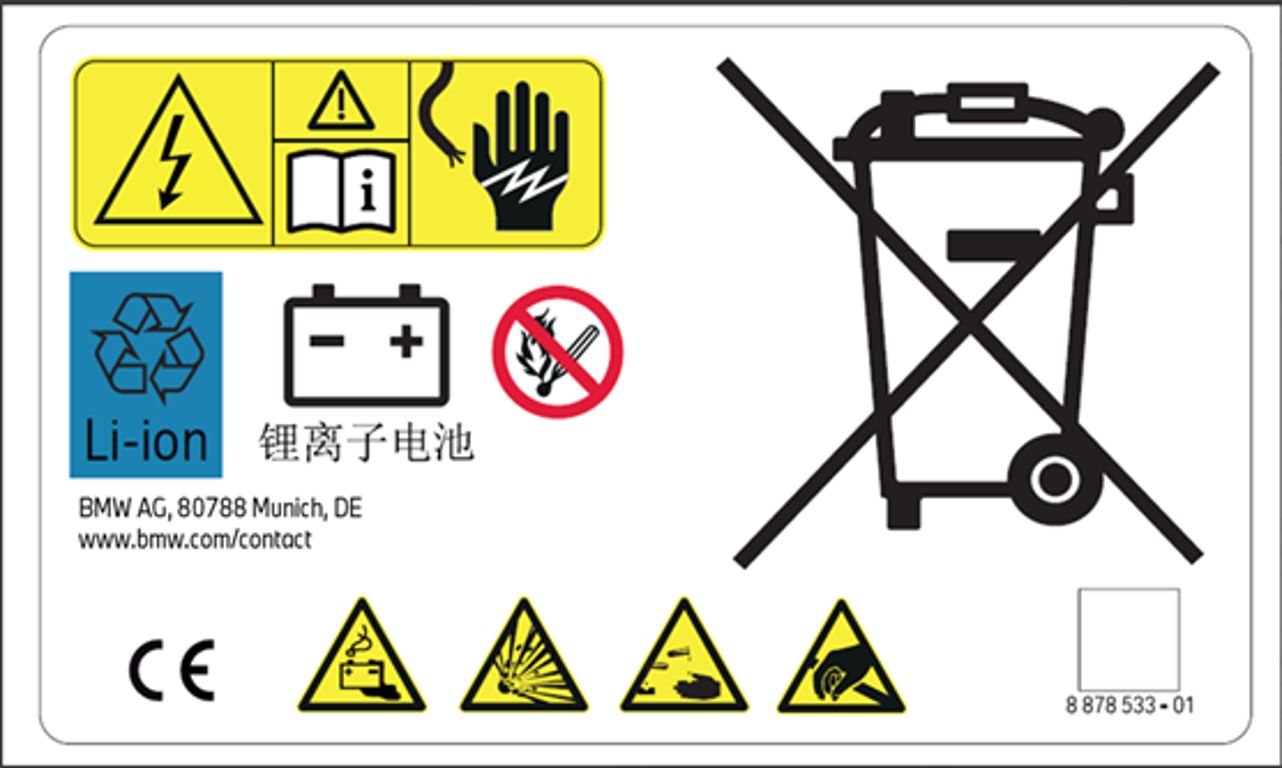 Símbolo de reciclagem “Li-ion” na bateria de alta voltagem.