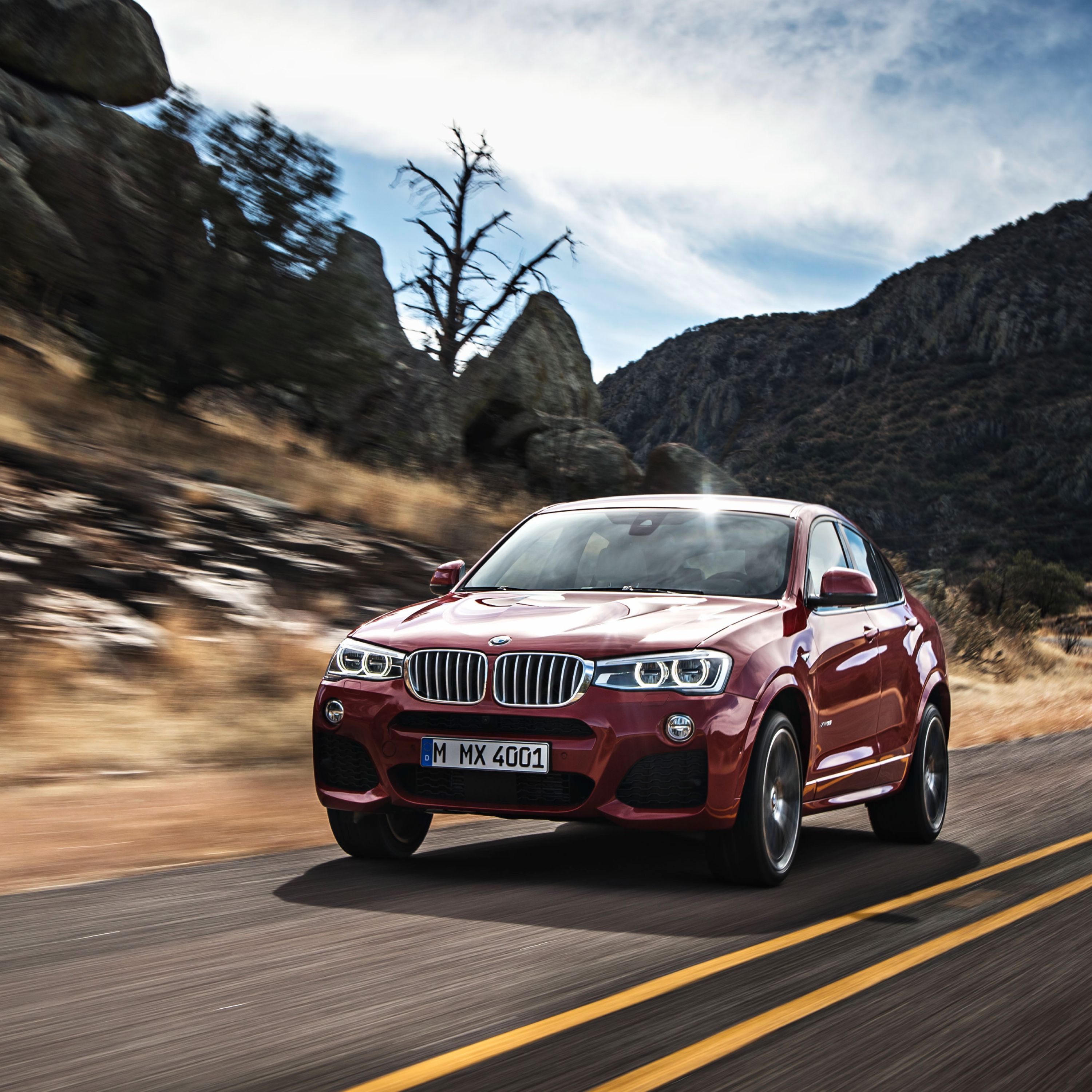 BMW X4 F26 SUV in movimento su una strada di campagna lungo una catena montuosa rocciosa americana