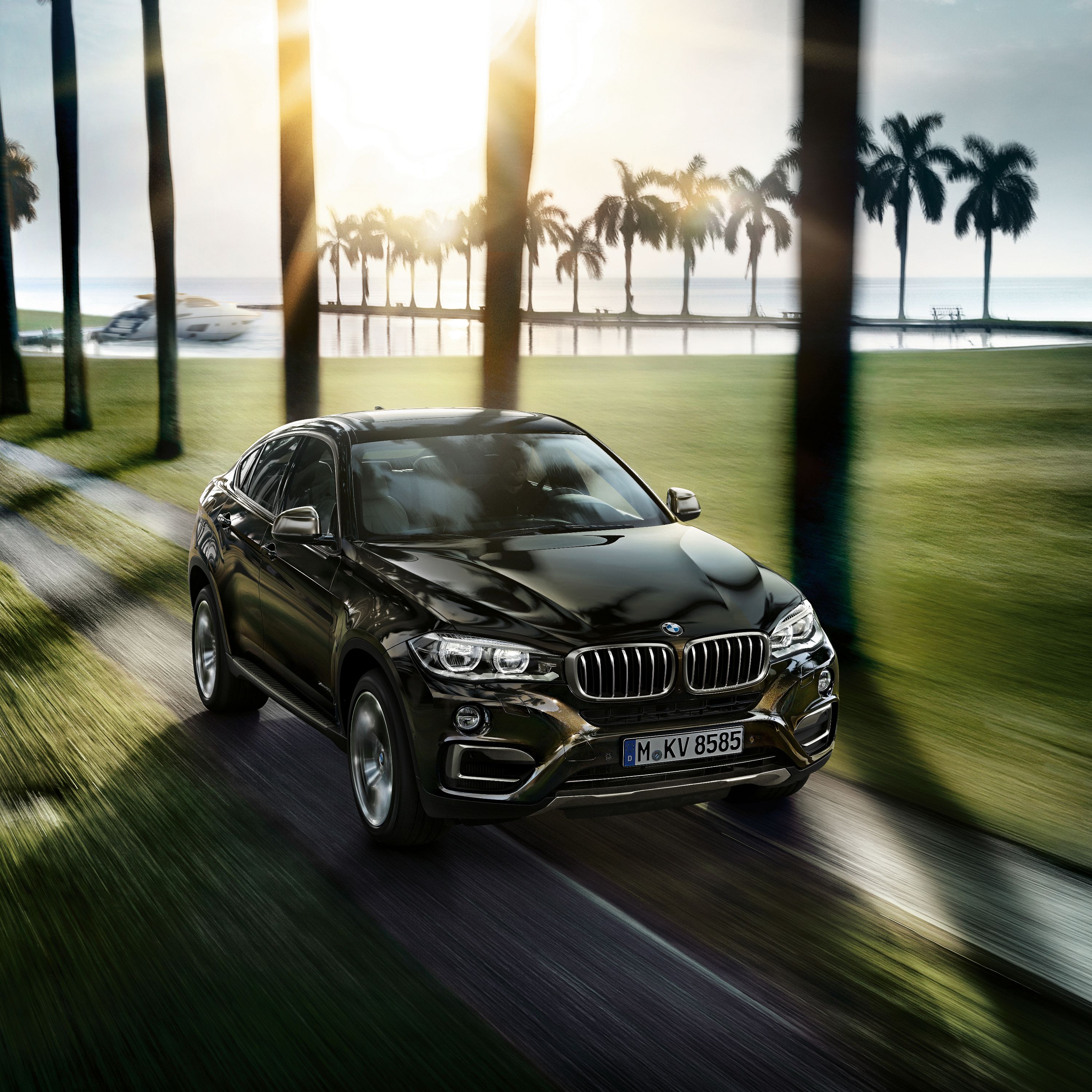 BMW X6 F16 SUV on a dirt road flanked with palm trees and a Caribbean background