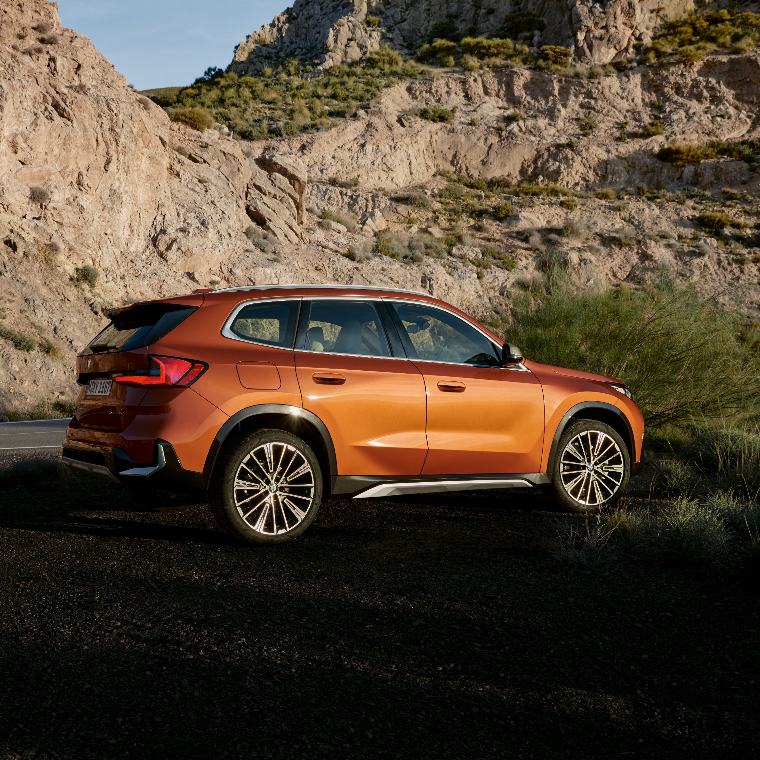 BMW X1 U11 SUV in a parking spot in front of a steep cliff side in the middle of nature