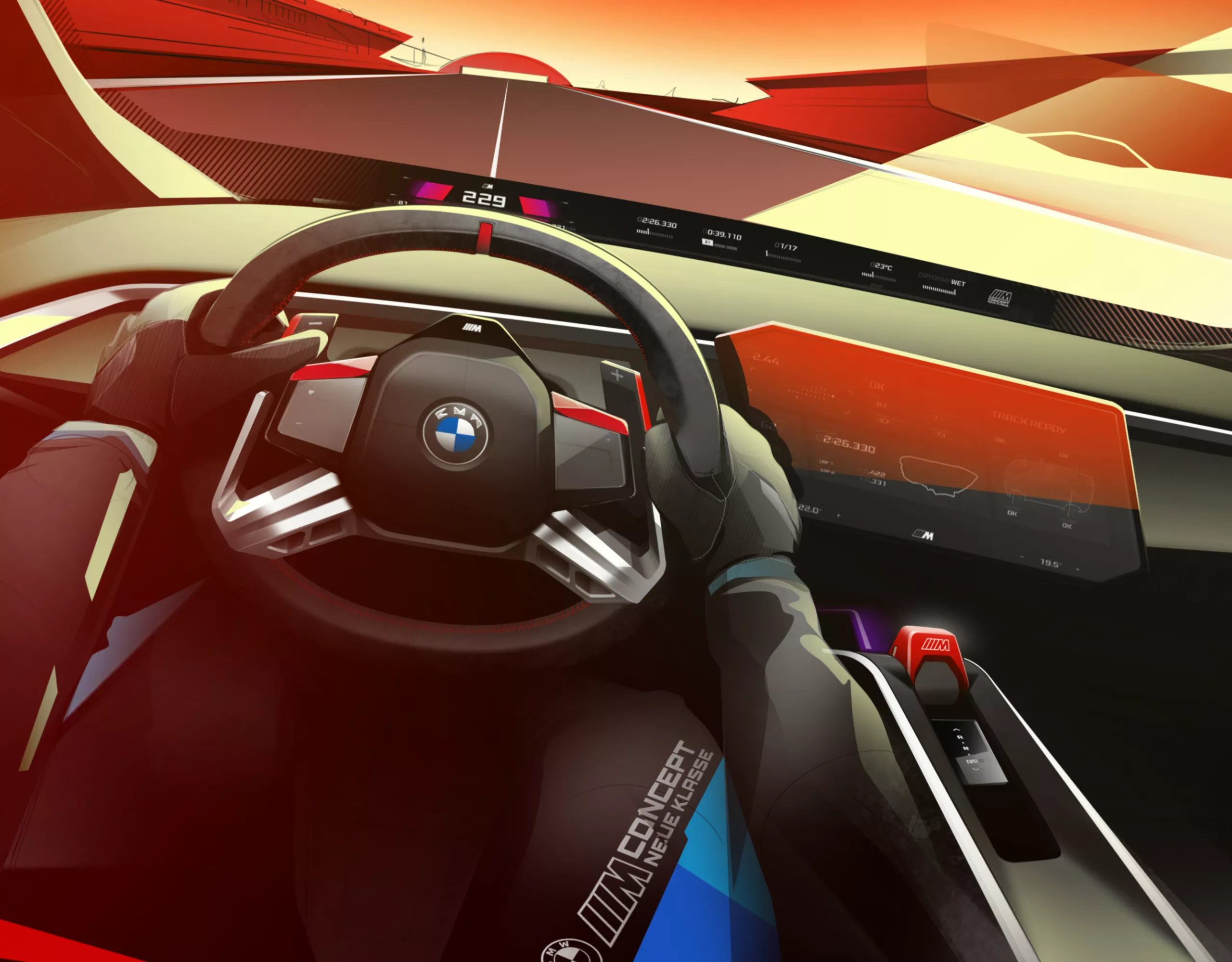 BMW M Concept digitális koncepcióvázlat stilizált járműformával.