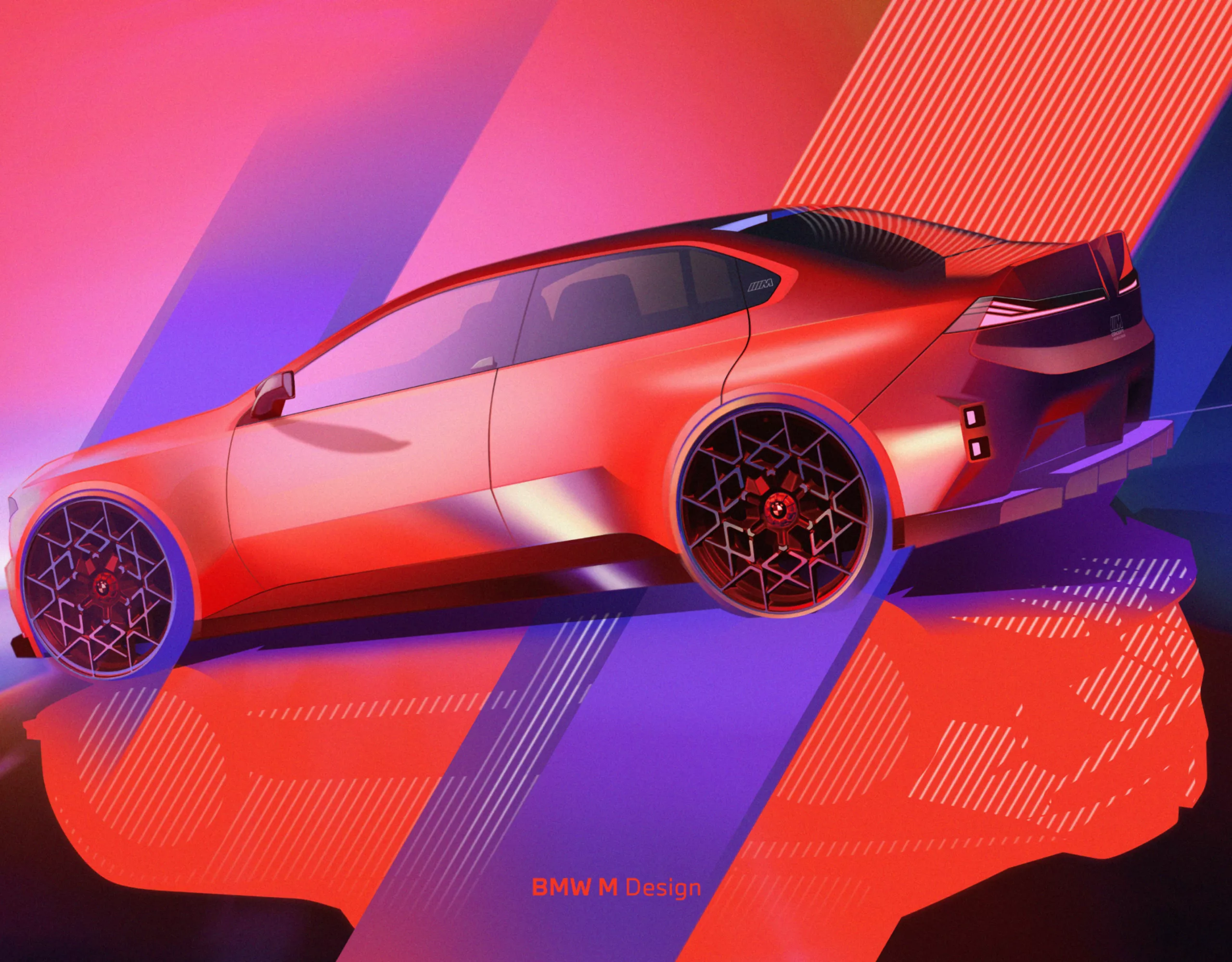 BMW M Concept Neue Klasse virtuális dizájnvázlata absztrakt látványtervként.