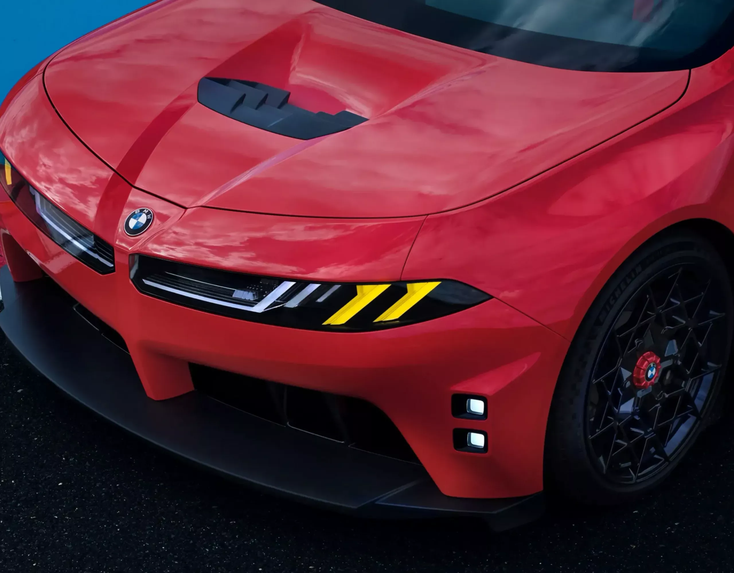 BMW M Concept Neue Klasse front with sharknose and yellow lights.