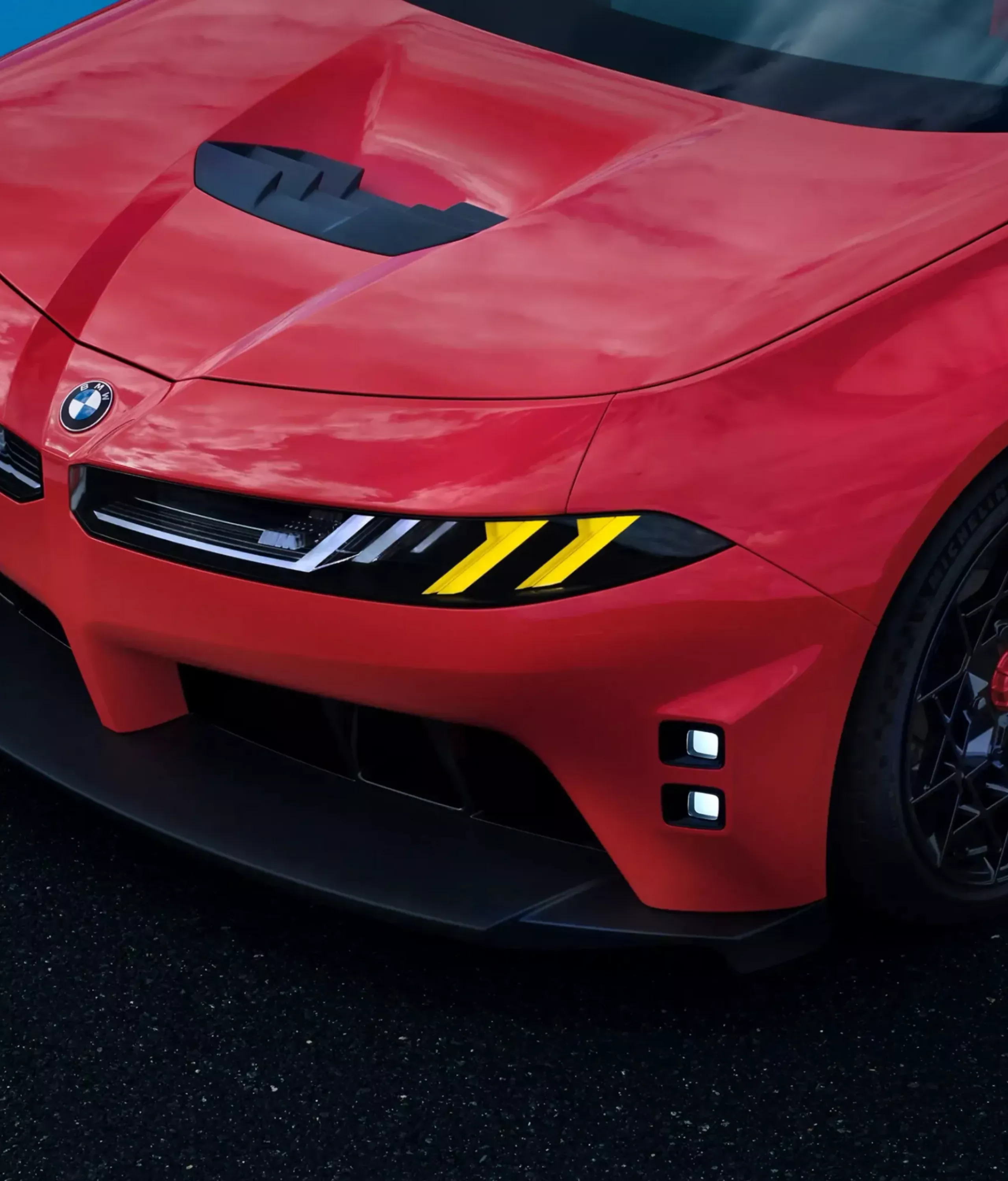 A BMW M Concept Neue Klasse cápaorra sárga lámpákkal.