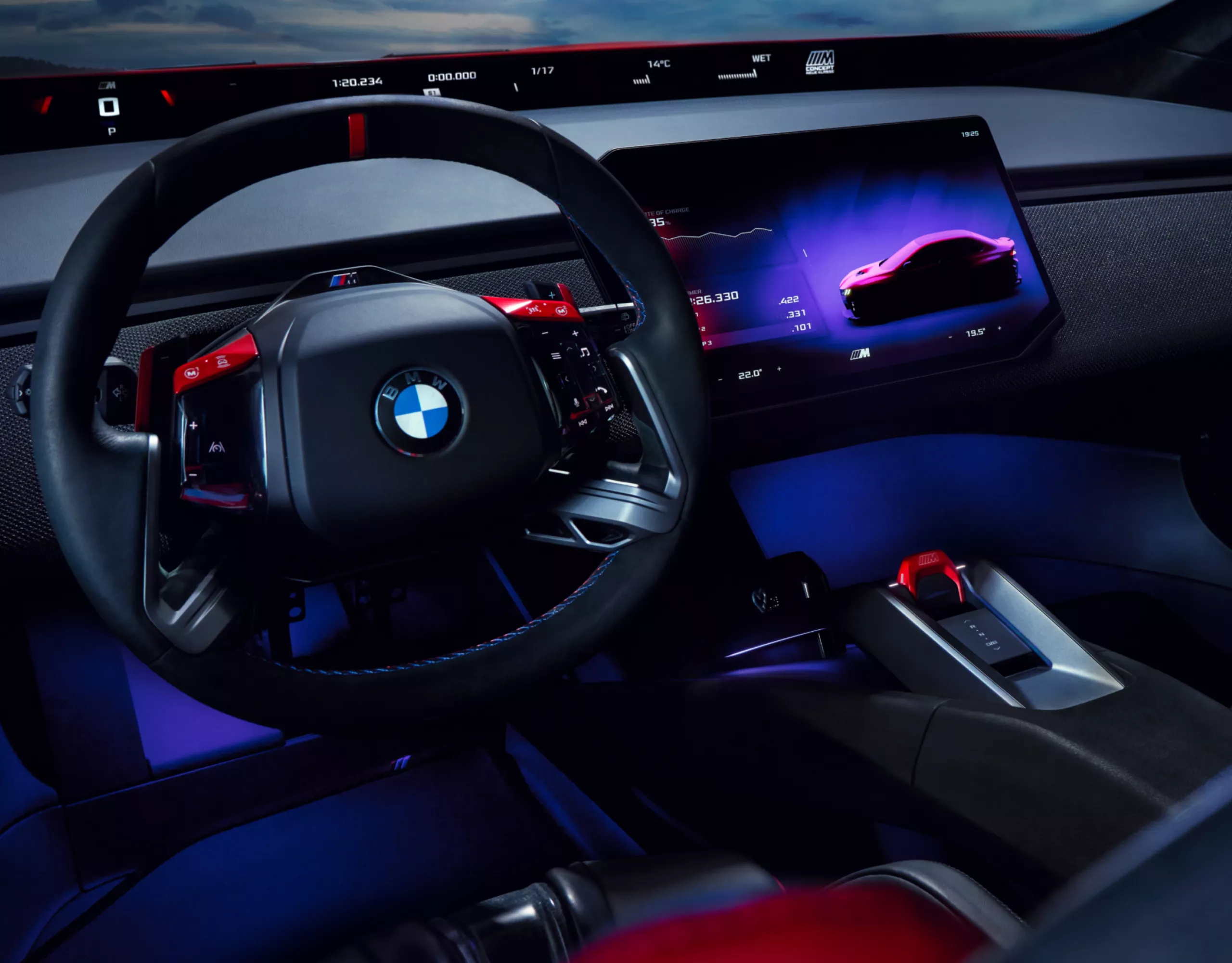 BMW M Concept Neue Klasse piros M elemek a kormánykeréken és a kezelőszerveken.