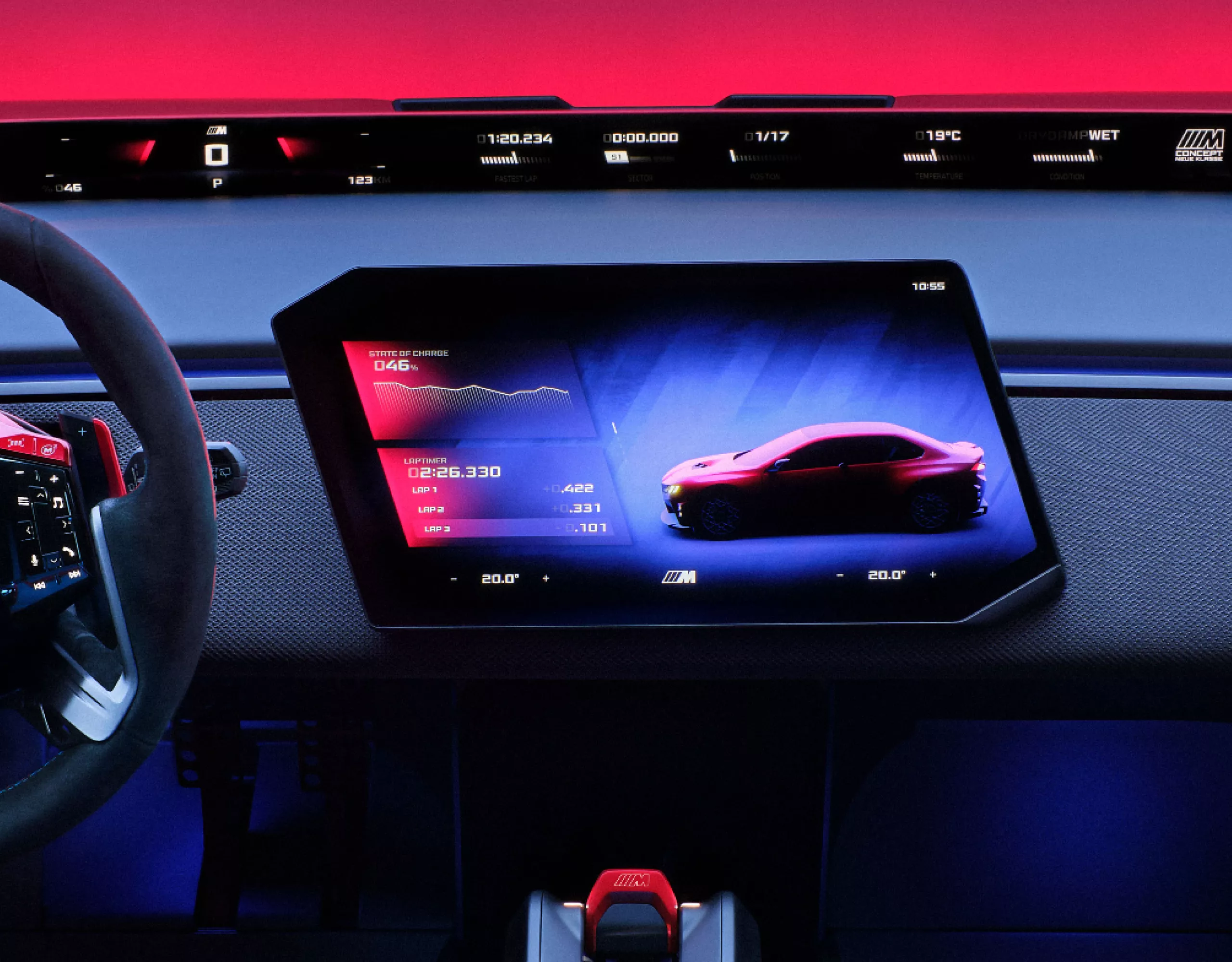 BMW M Concept Neue Klasse interface with a performance-focused digital display.