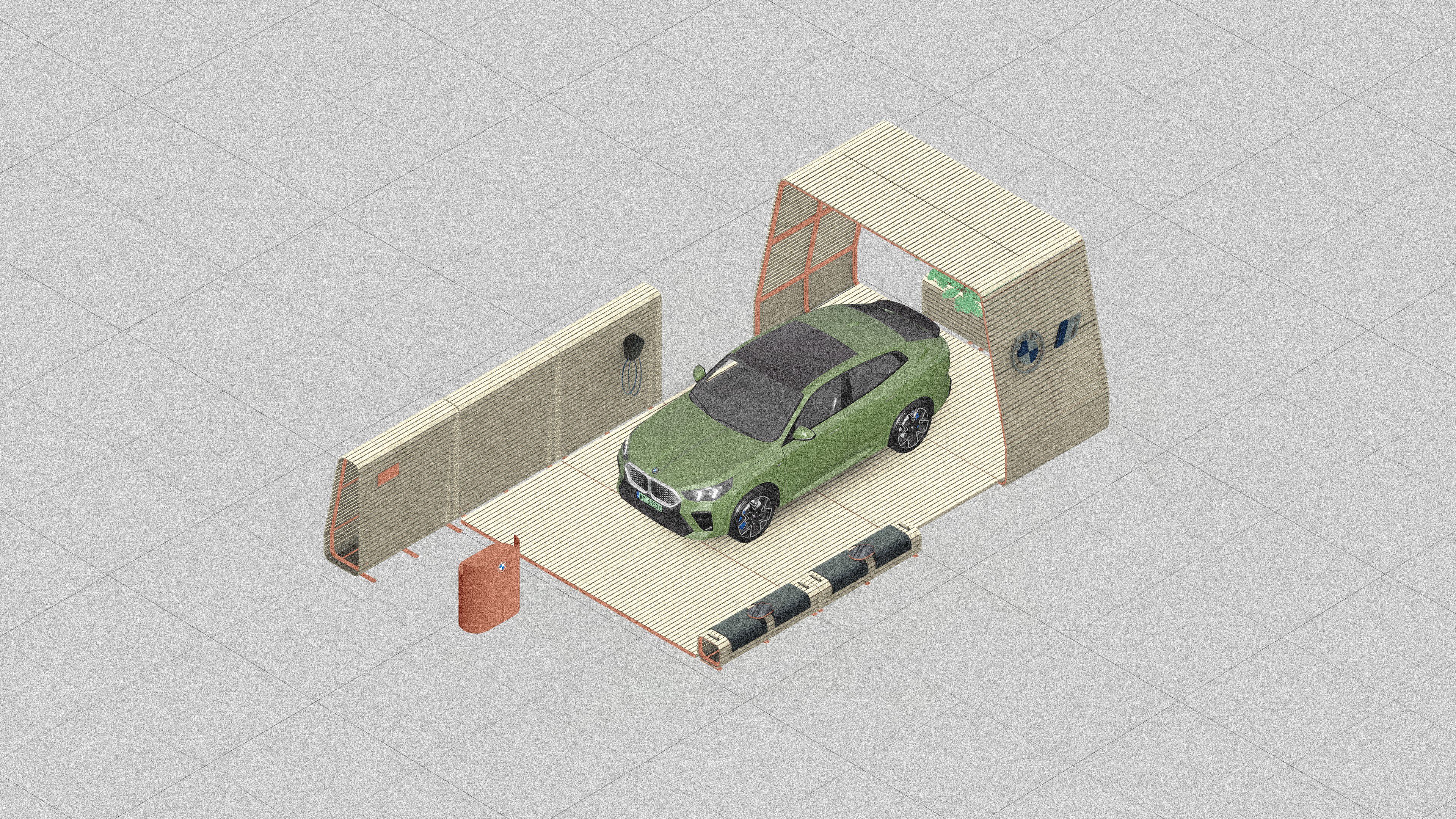 BMW x Maja Ganszyniec stoisko modułowe z zaparkowanym samochodem elektrycznym BMW, widok z góry