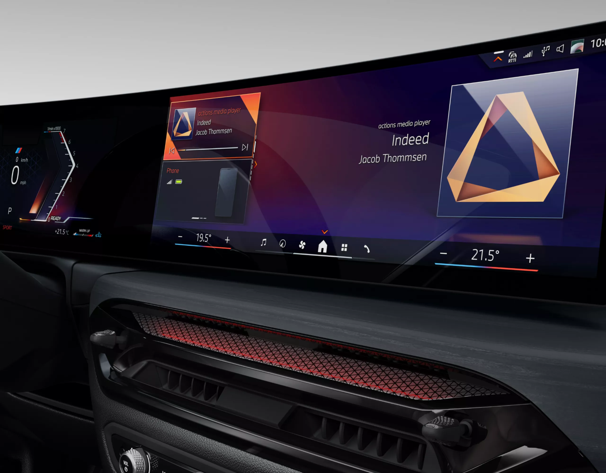 Ecrã curvo com o BMW Operating System 8.5, que apresenta informações sobre o veículo, reprodução de multimédia e estado do ar condicionado