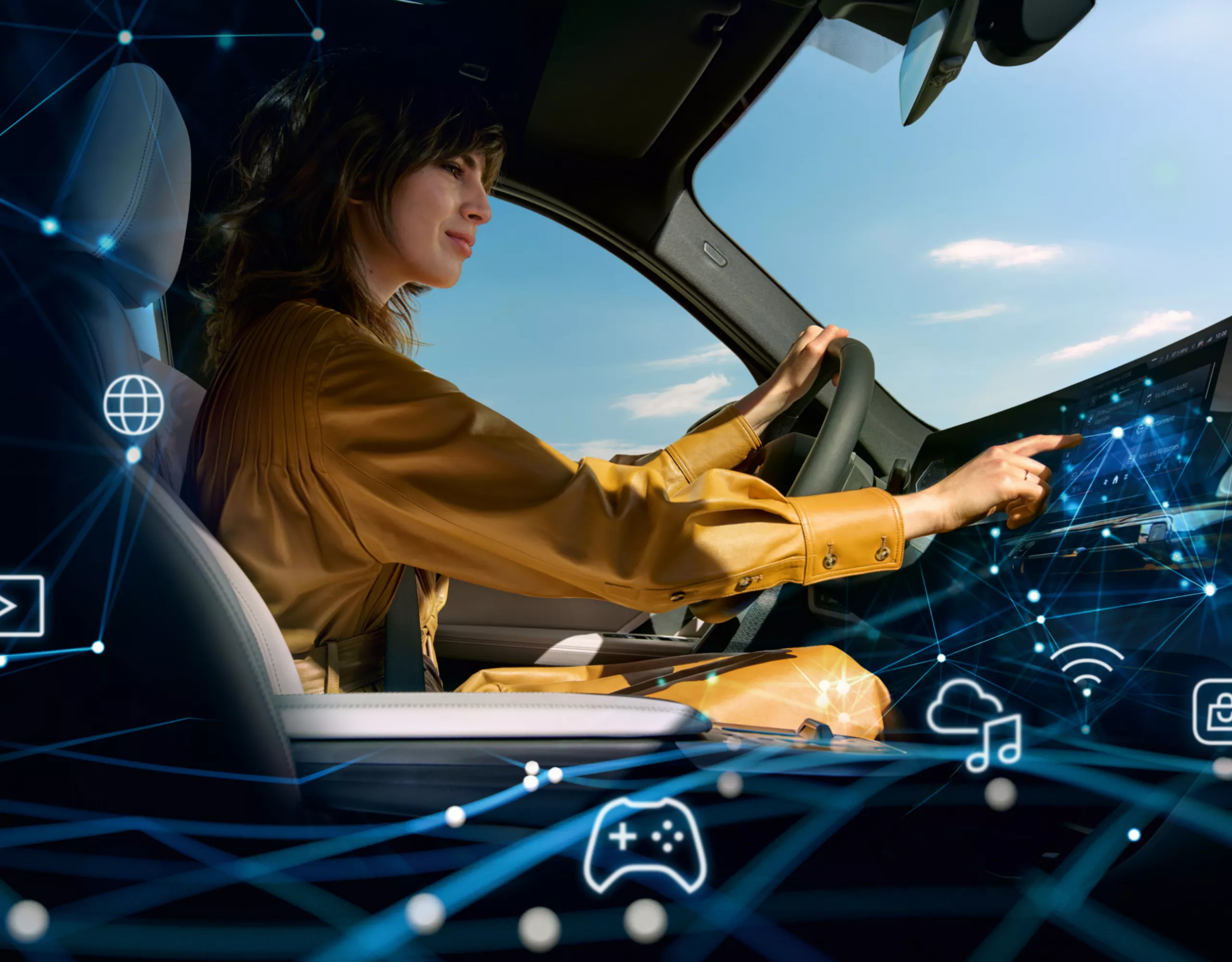 A woman is operating the Curved Display in her BMW
