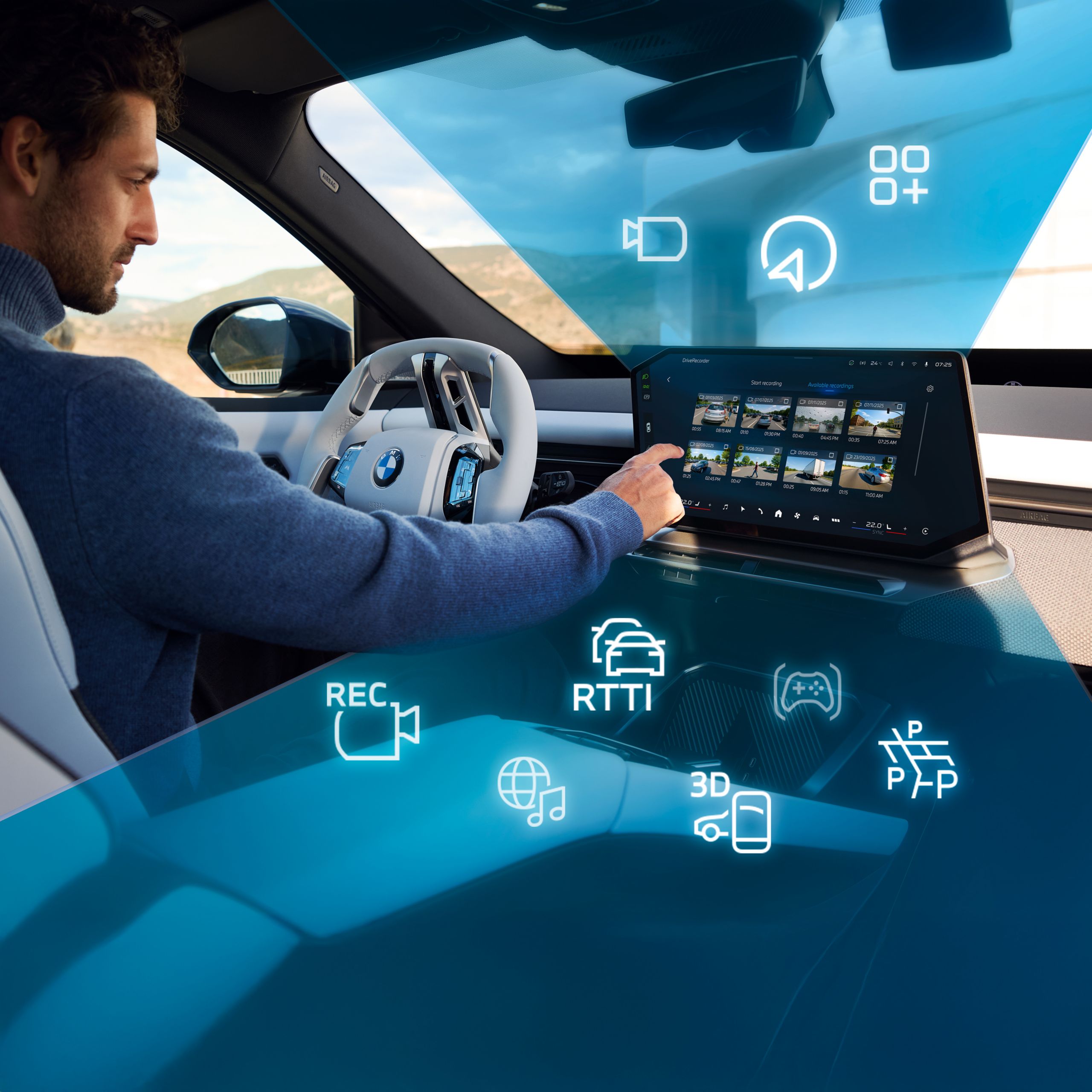 Už BMW vairo sėdintis žmogus pasirenka vaizdo įrašą iš BMW Drive Recorder vaizdo — vaizdas projektuojamas su grafiniais elementais