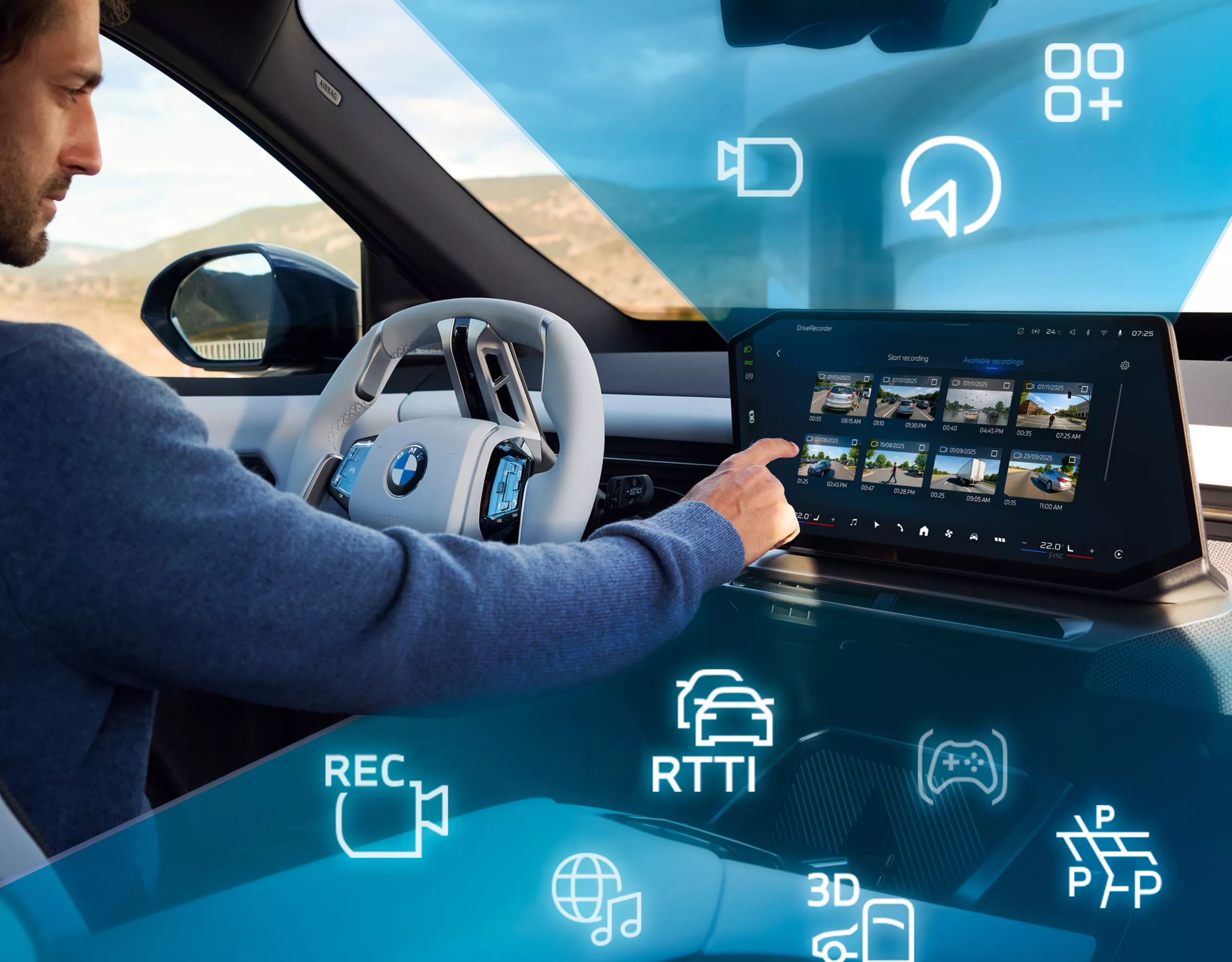 A person sits behind the wheel of a BMW, graphical elements symbolise the variety of the BMW ConnectedDrive offers