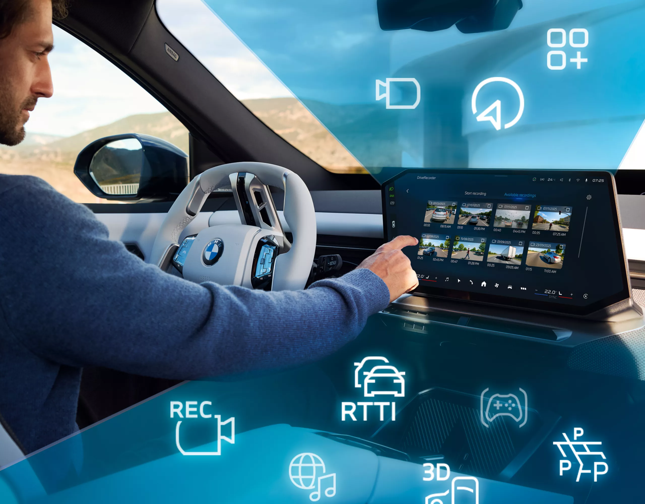 A person sits behind the wheel of a BMW, graphical elements symbolise the variety of the BMW ConnectedDrive offers