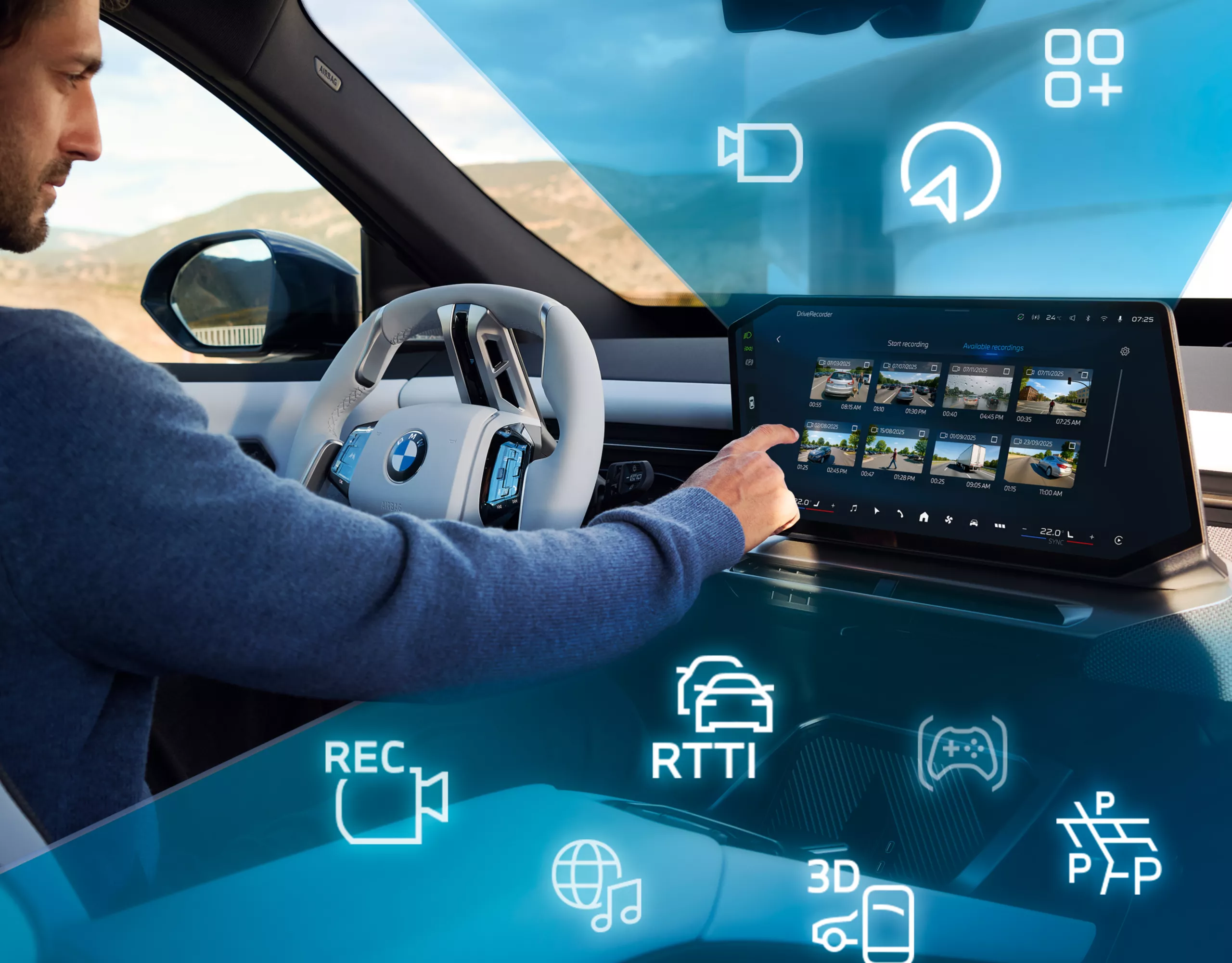 A person sits behind the wheel of a BMW, graphical elements symbolise the variety of the BMW ConnectedDrive offers