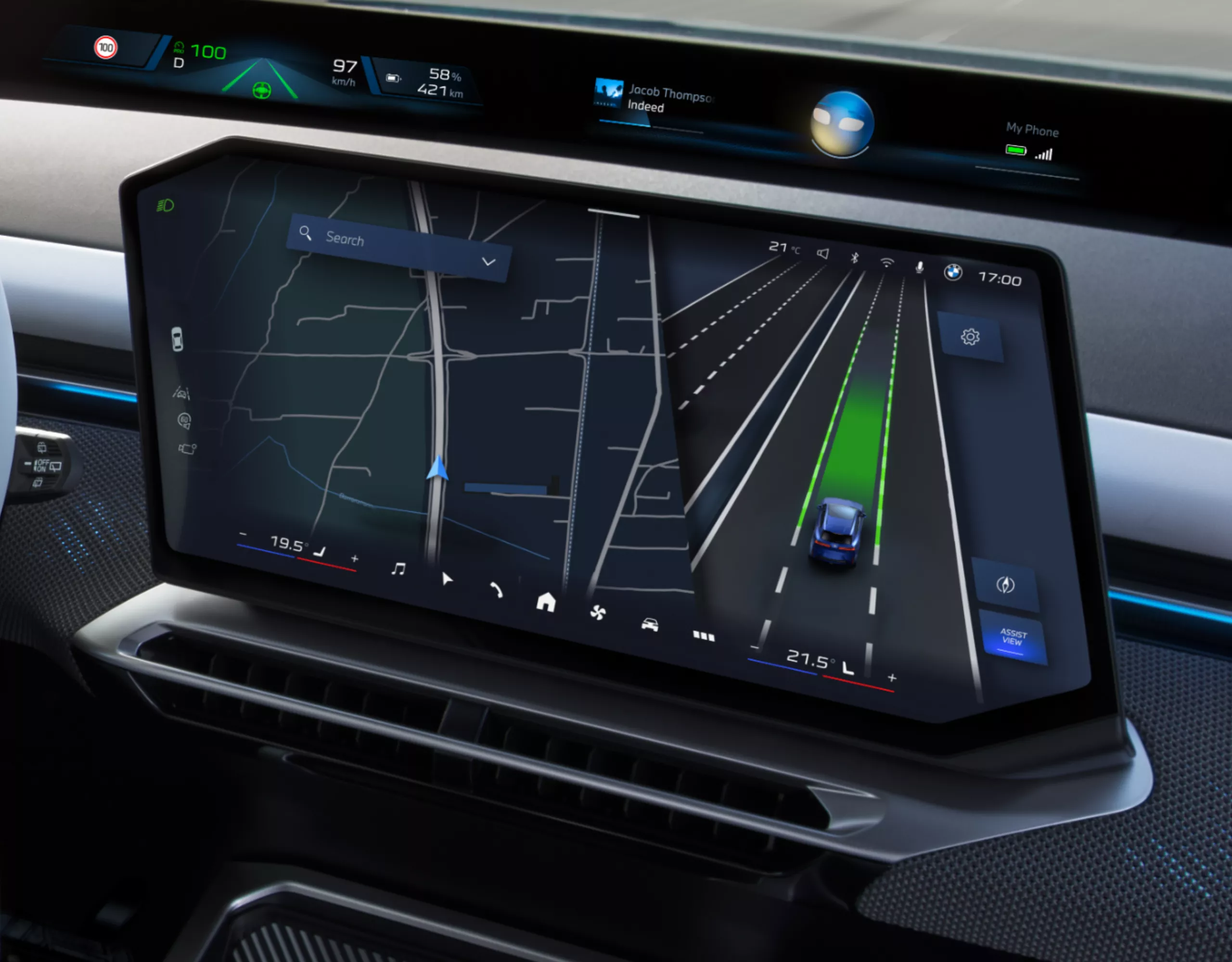 View of the central display and panoramic display in the Neue Klasse models with BMW Maps Navigation displays