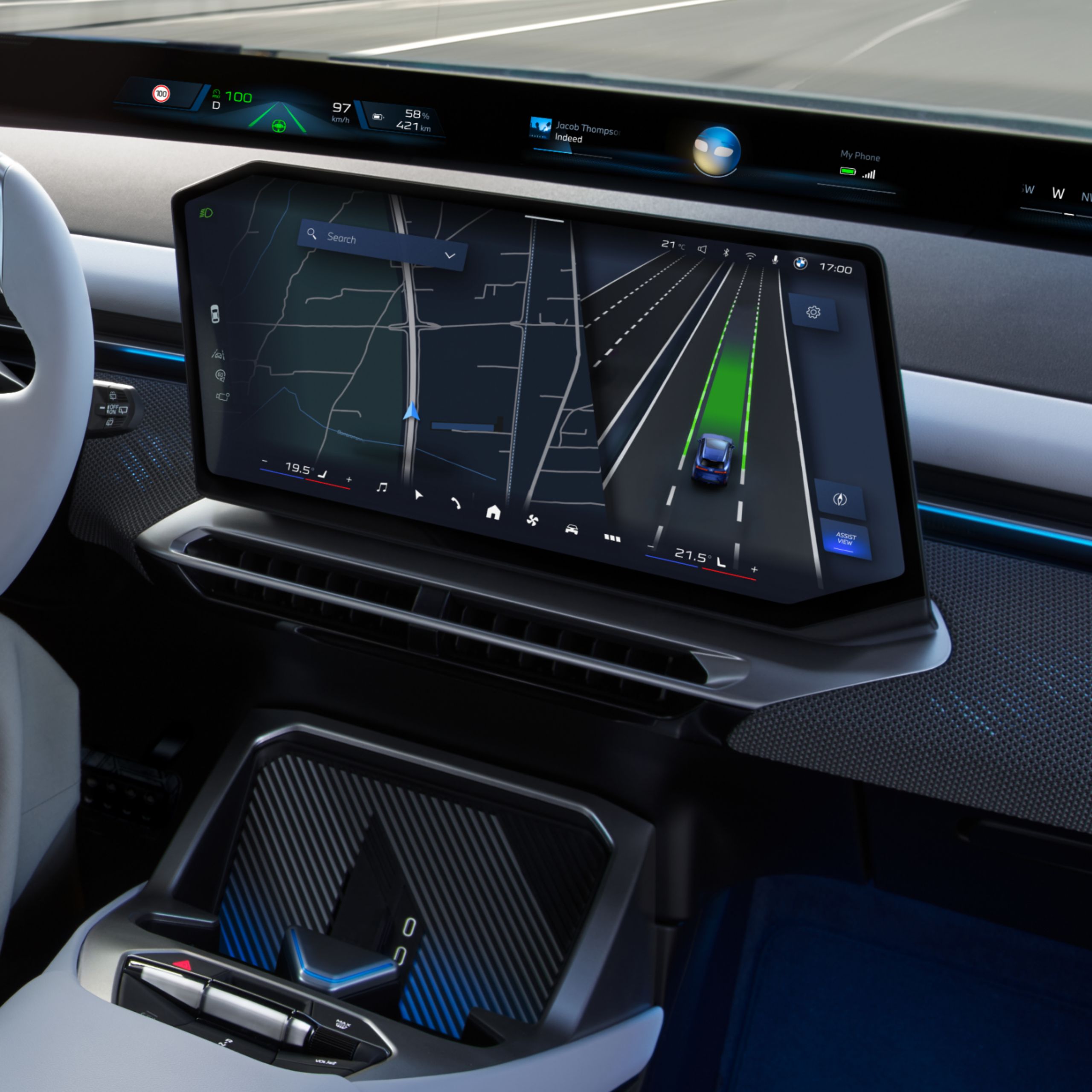 View of the central display and panoramic display in the Neue Klasse models with BMW Maps Navigation displays