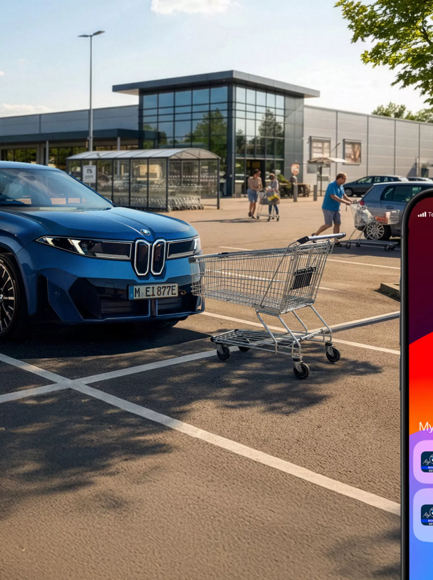 Smartphone con notificación de daños de aparcamiento a través de My BMW. En segundo plano, un BMW estacionado muestra una colisión con un carrito de compra