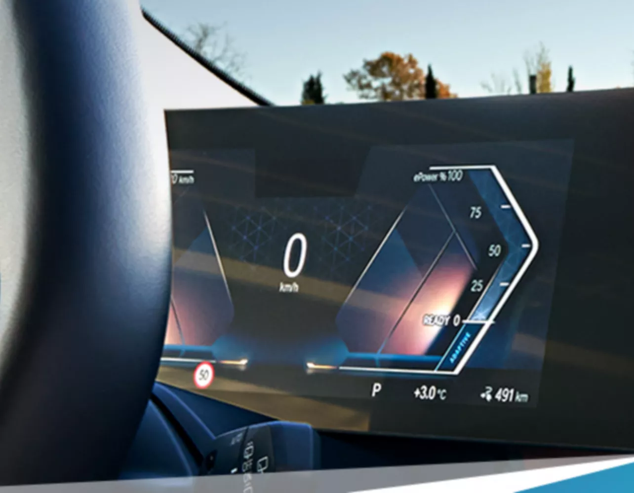 View of the central display in a BMW cockpit with several options to choose from