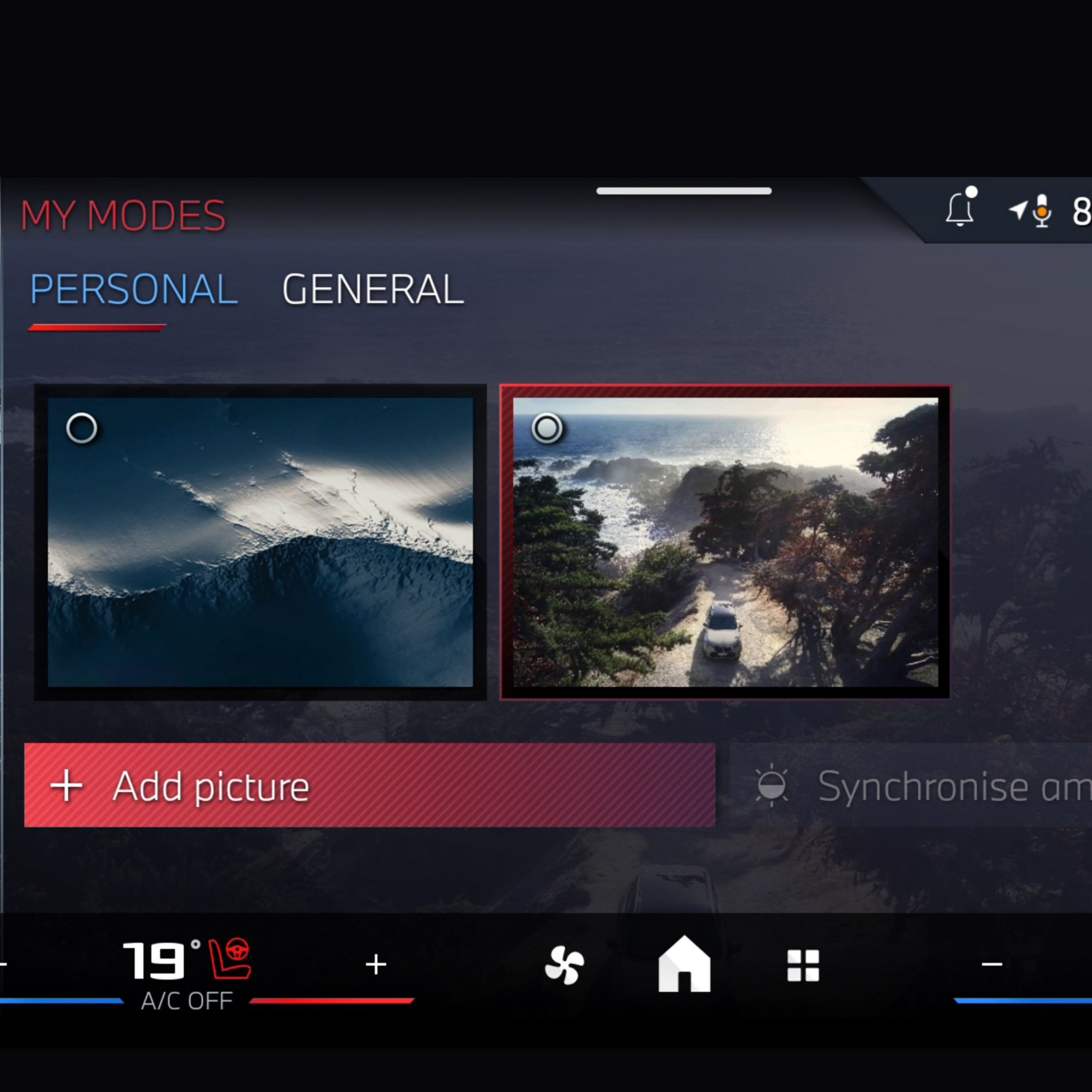 View of the central display in My Modes Personal Mode with a holiday picture selected