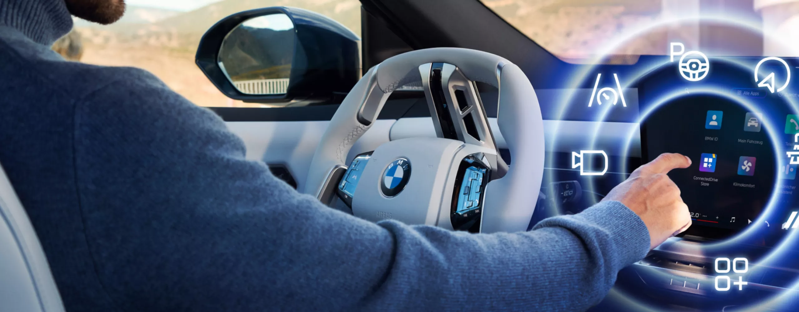 Una persona está sentada al volante de un BMW y selecciona ofertas en la pantalla central; figura con elementos gráficos