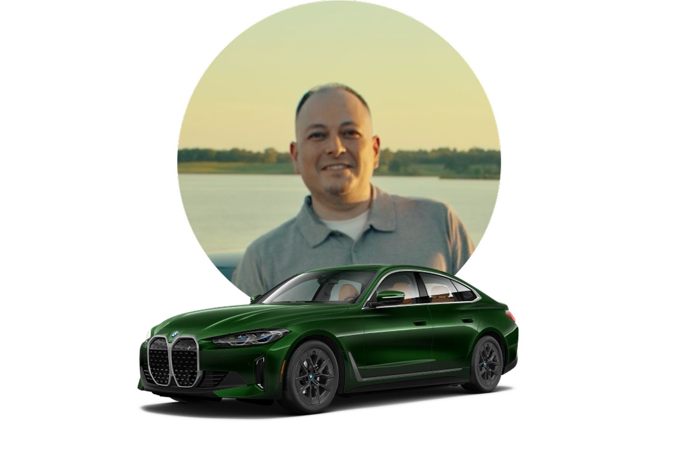 A headshot of David, a BMW EV driver, and his BMW i4 Gran Coupe