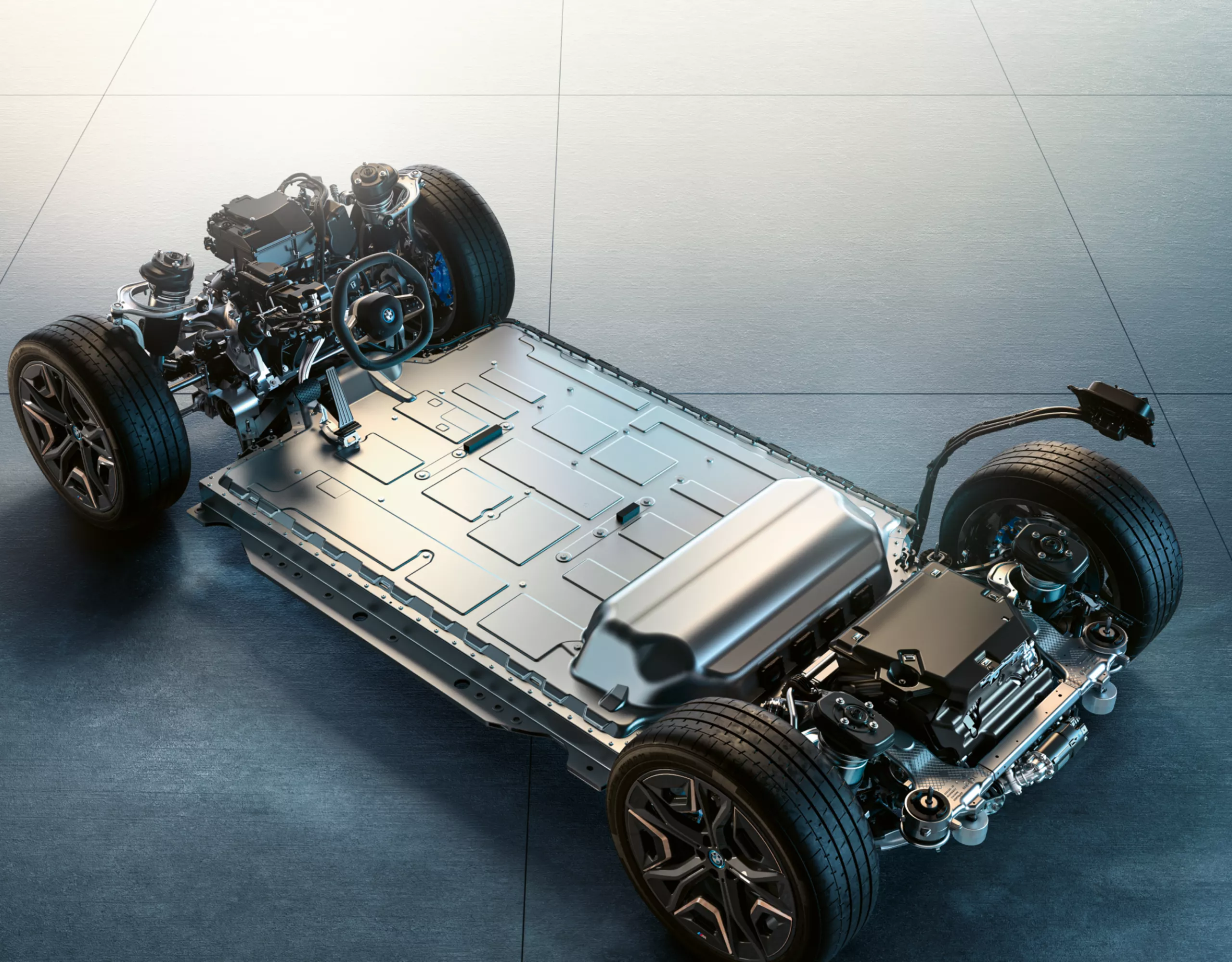 バッテリー、モーター、ステアリングを搭載したBMW電気自動車の駆動系
