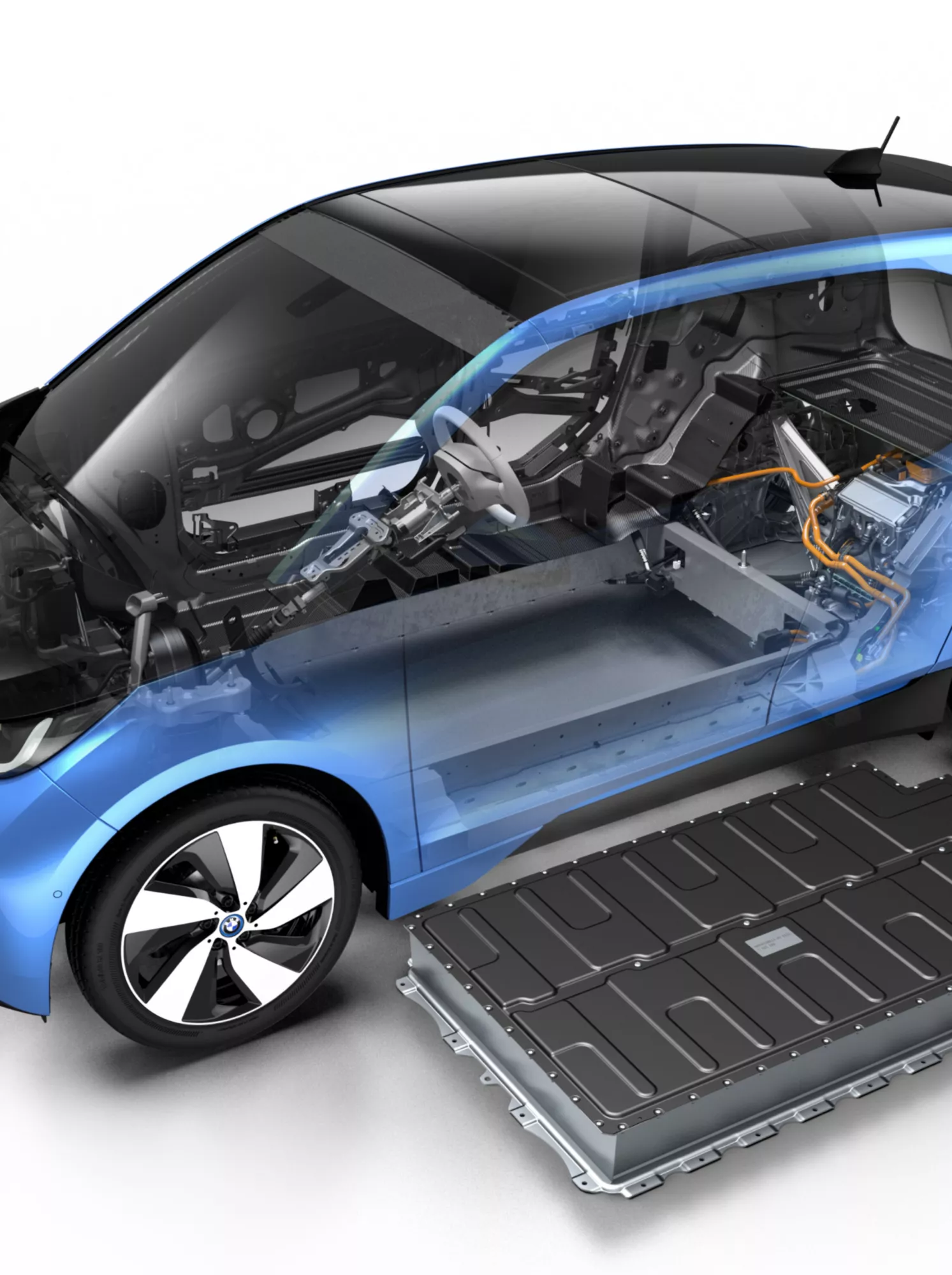 Die Schemazeichnung eines BMW i3 mit einer ausgebauten Batterie