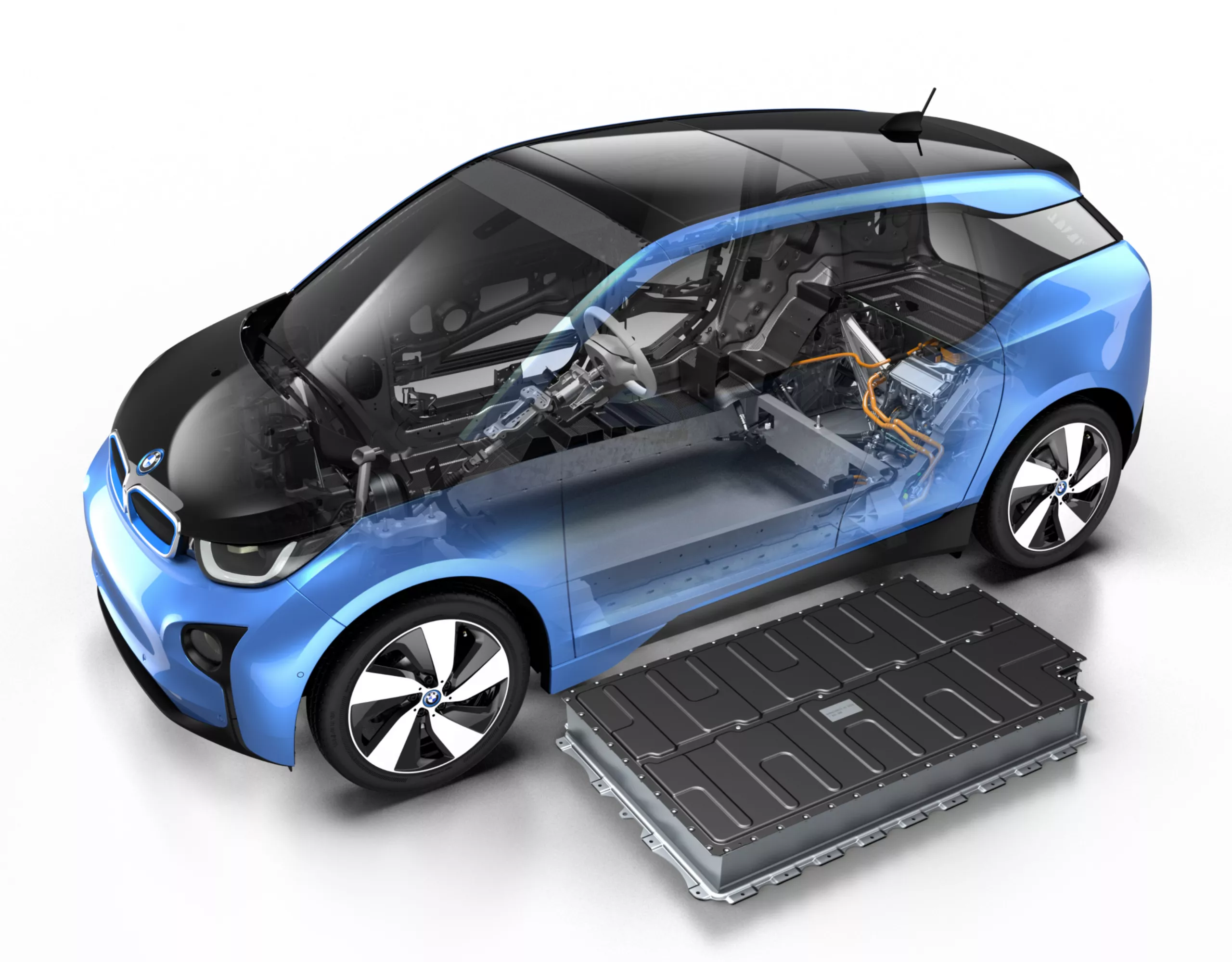Den schematiska ritningen av en BMW i3 med ett borttaget batteri