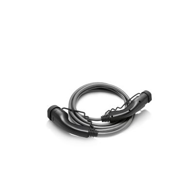 كابل شحن رمادي في الوضع 3 مع مقبسين باللون الأسود مخصصين للشحن في محطات الشحن العامة المتوافقة مع الوضع 3 