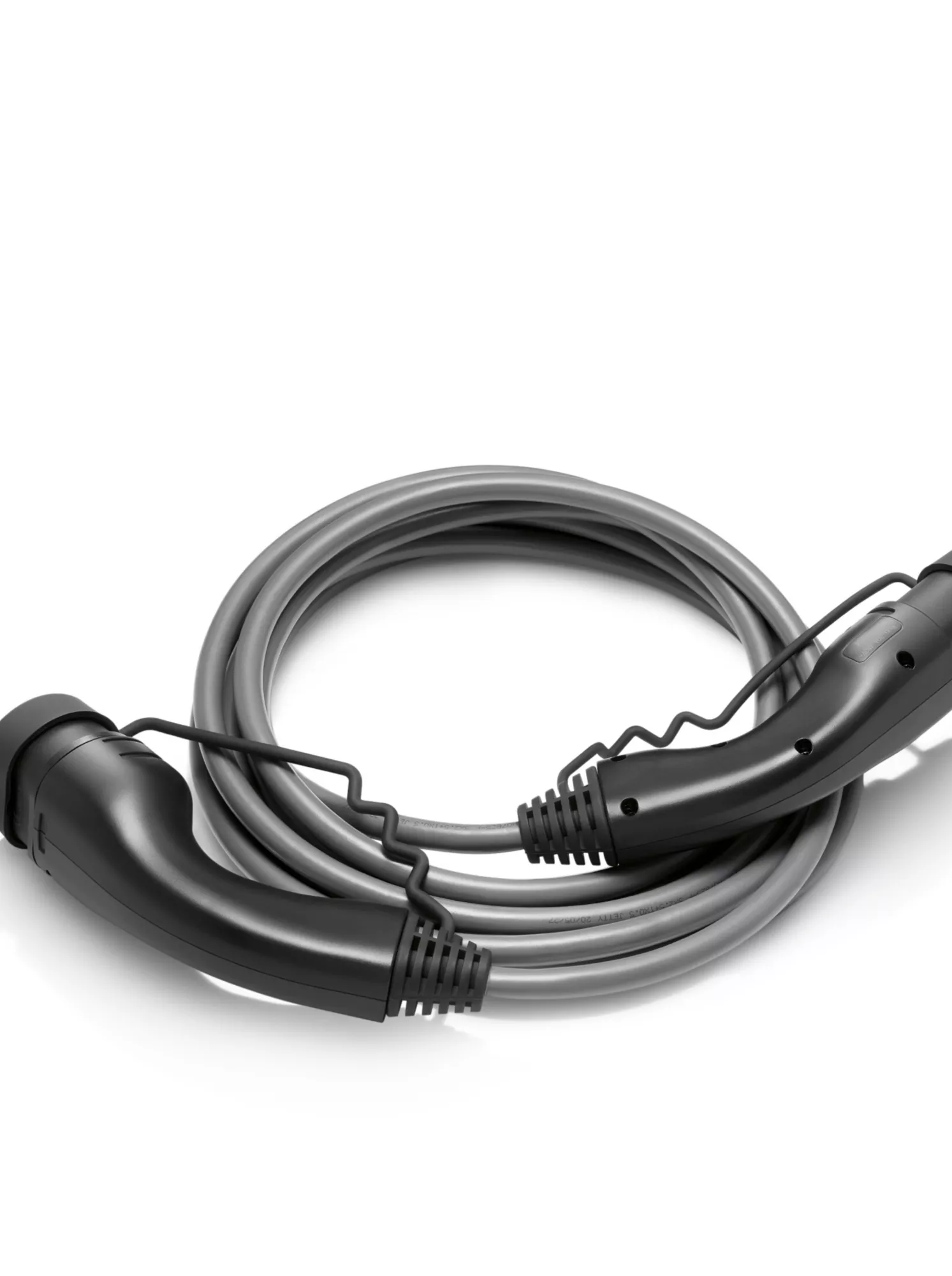 Graues BMW Mode 3 Ladekabel mit zwei schwarzen Steckern zum Laden an öffentlichen, Mode 3 kompatiblen Ladestationen 