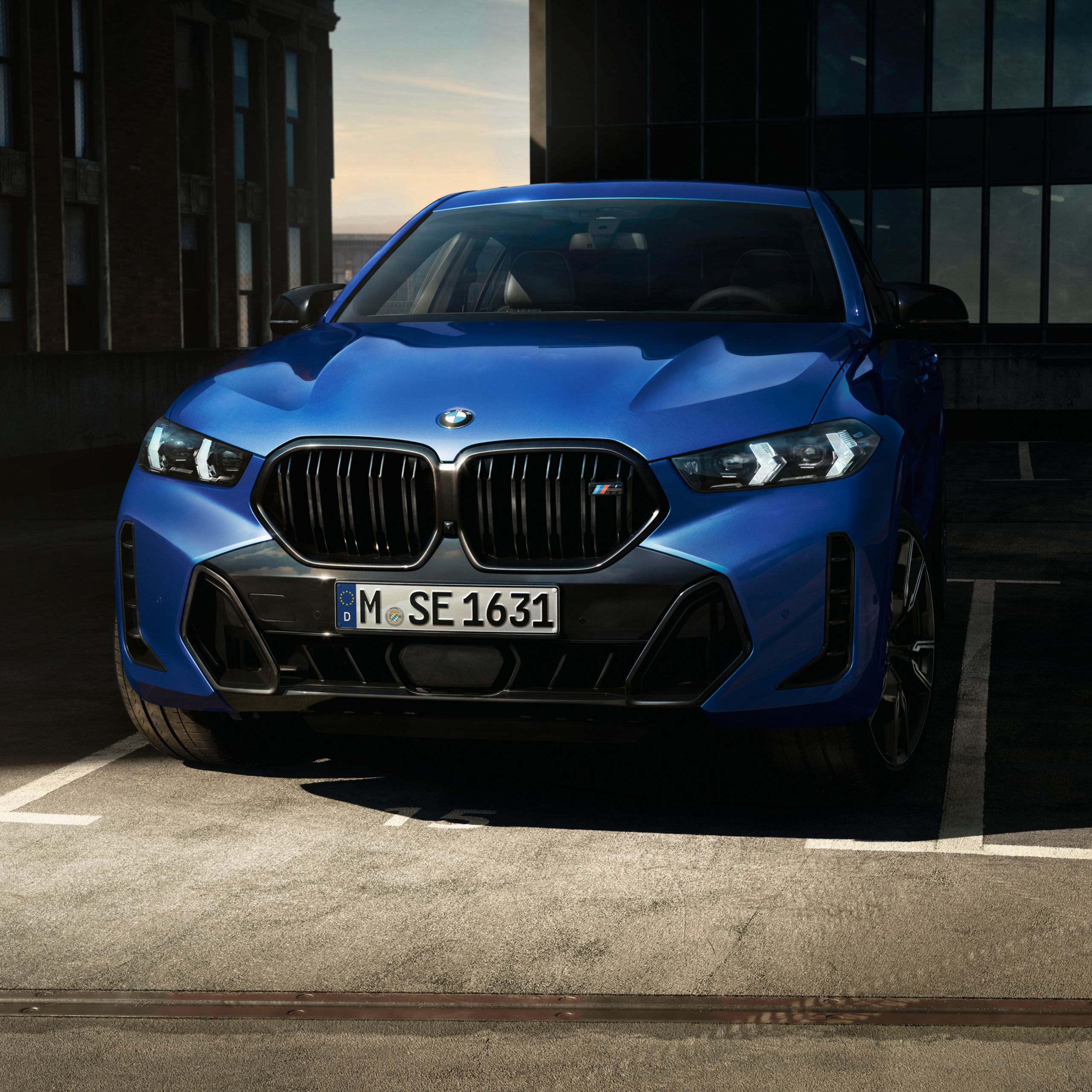 Een BMW X6 SUV met M Sportpakket Pro staat voor een hangardeur