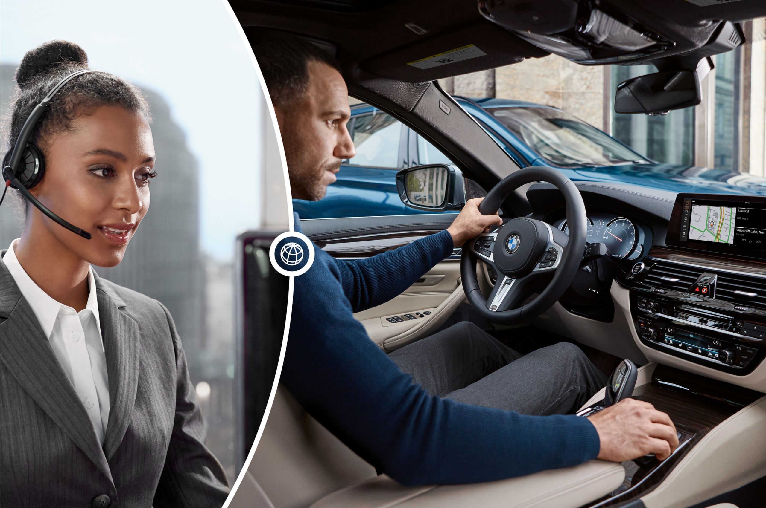 A split screen image showing a Master Technical Team member on a headset helping a man in his BMW.