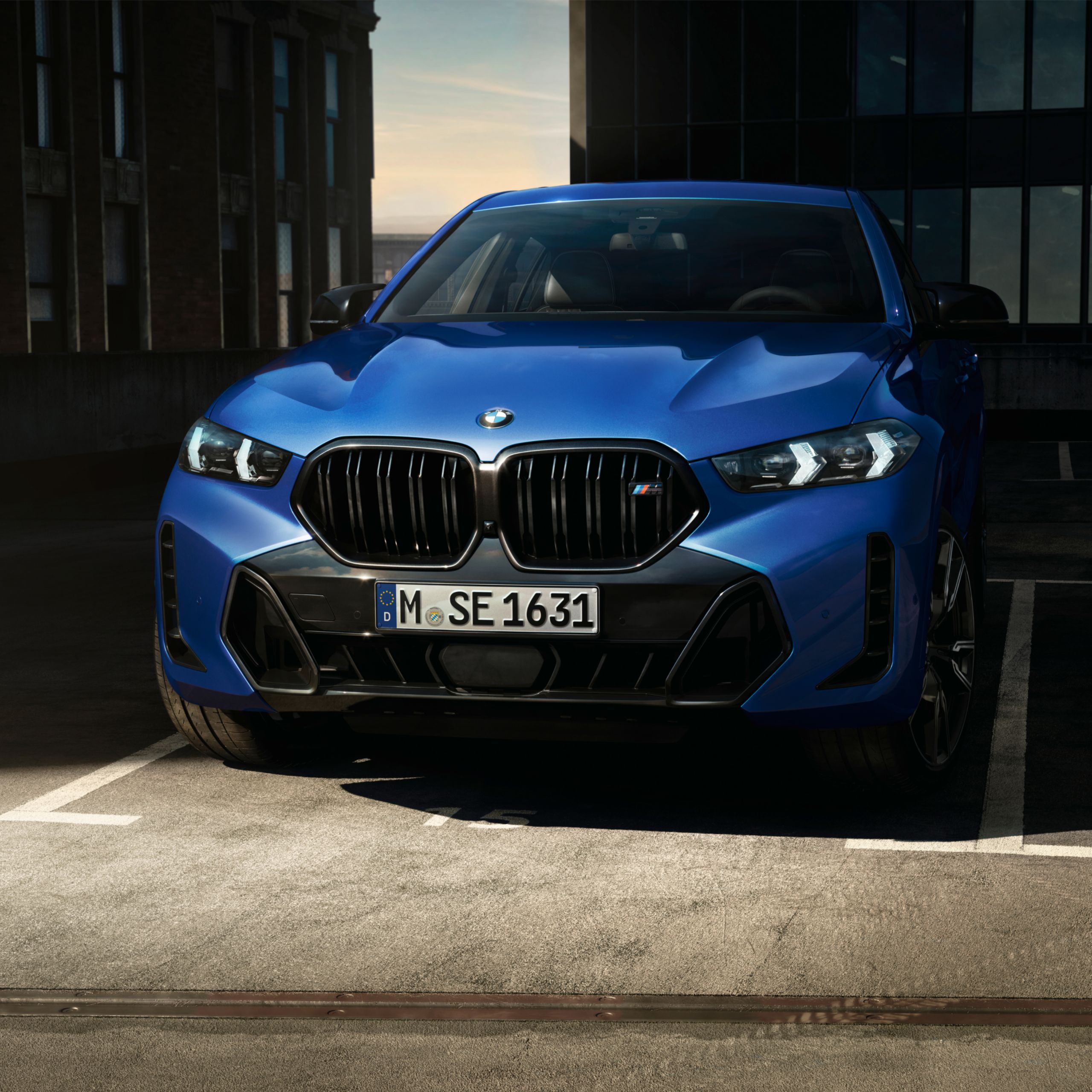 Een BMW X6 SUV met M Sportpakket Pro staat voor een hangardeur